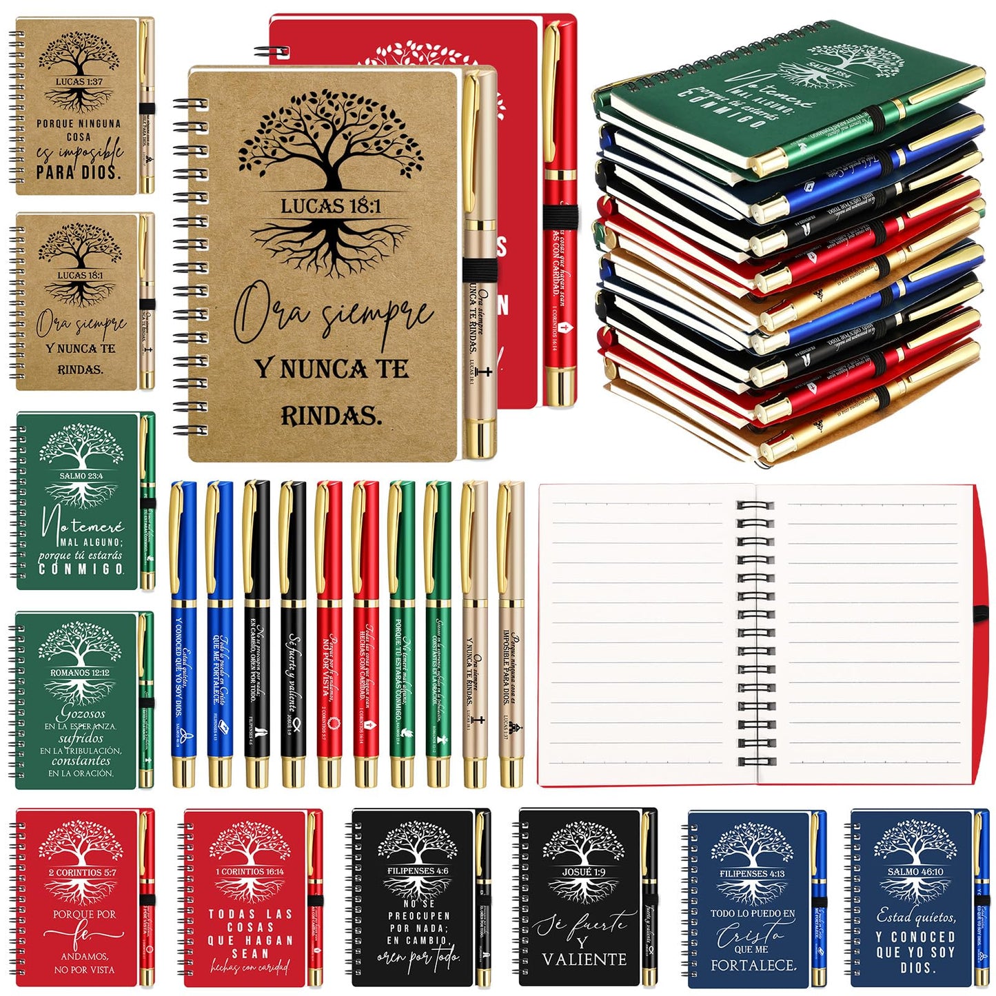 Sinload 40 Pcs/ 20 Set Father's Day Christian Gifts Bulk Prayer Journal Spiral Notebooks with Bible Verse Pen Tree of Life Scripture Notepad for Religious Church Men Dad Women (40, Spanish Classic)