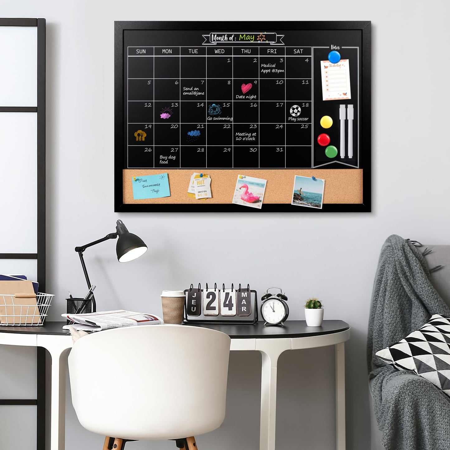 Board2by Monthly Chalkboard Calendar & Cork Board for Wall, 18" x 24" Magnetic Chalk Calendar Board Combo Board, Hanging Wood Frame Combination Board Blackboard with Pens for Office, School, Home