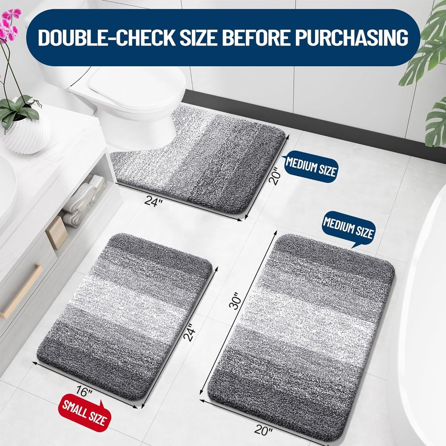 OLANLY Bathroom Rugs Sets 3 Piece, Soft Absorbent Microfiber Bath Mats and U-Shaped Contour Toilet Rug, Machine Wash Dry, Plush Shaggy Bath Mat Set for Bathroom (30"x20"+24"x16"+24"x20", Grey)