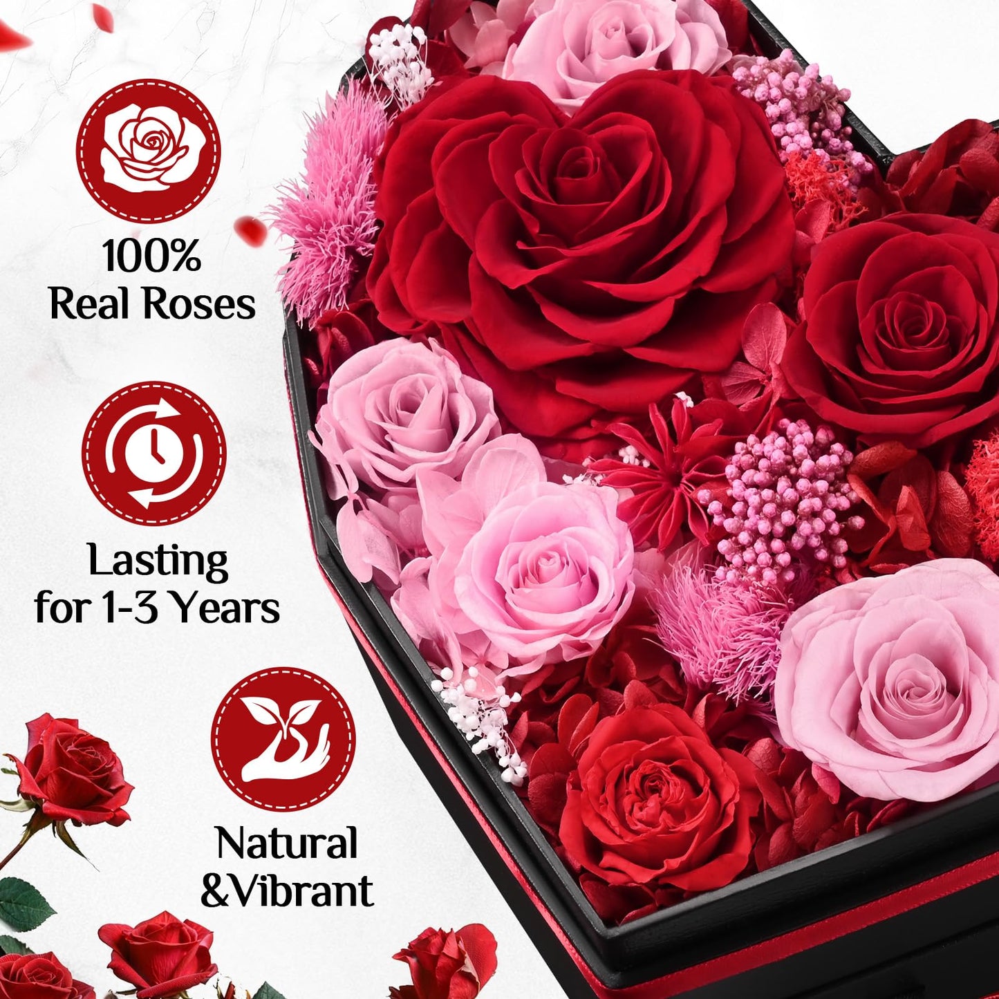 MARTINE MALL Forever Flowers for Delivery, Mothers Day Birthday Gifts for Women Mom 10 Preserved Real Roses in a Box Gifts for Girlfriend Wife Grandma Lasting Eternal Flowers with Necklace, Red