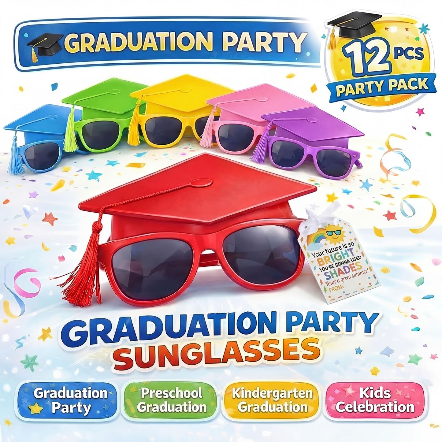 Weewooday 24 Pcs 12/24 Pcs End of School Year Gifts, Kids Graduation Sunglasses, 2026 Pre K Graduation Gifts, Future Is Bright Tags