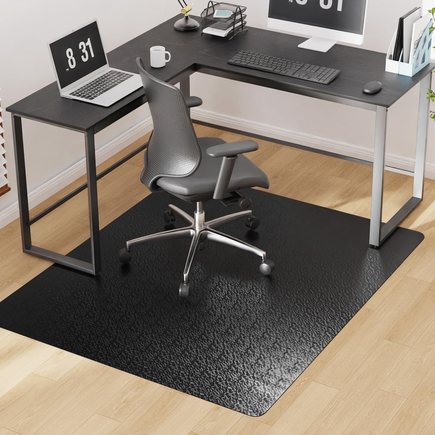 Mymeely Office Chair Mat for Hardwood Floor, 50"x60" Large Black PVC Computer Desk Chair Mat with Unique Pattern for Gaming, Anti-Slip Floor Protector for Home Office, Rolling Chair