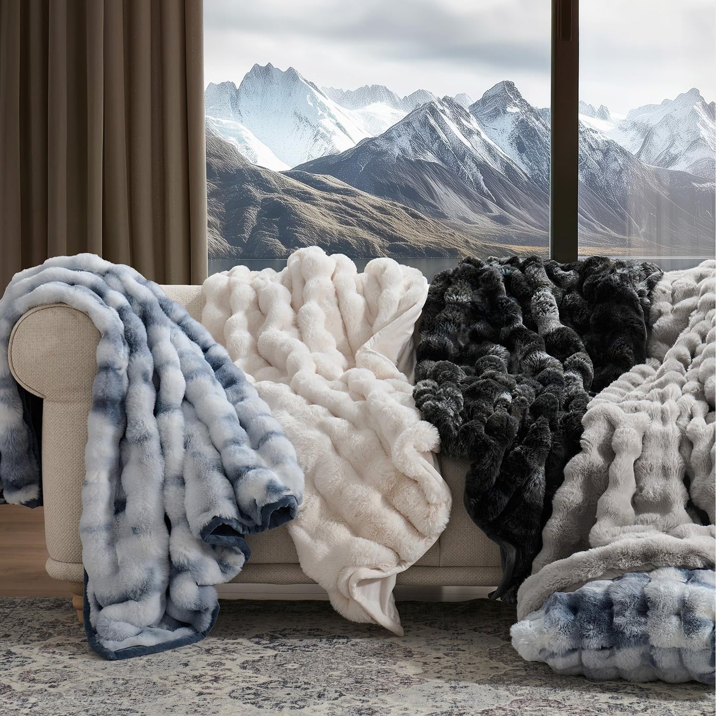 EverGrace Ultra Soft Luxury Fluffy Faux Rabbit Fur Throw Blanket, Thick Warm Bubble Throw for Bed, Cozy Plush Reversible Blankets for Couch, Chair, Sofa, Taupe, 50x60 Inches