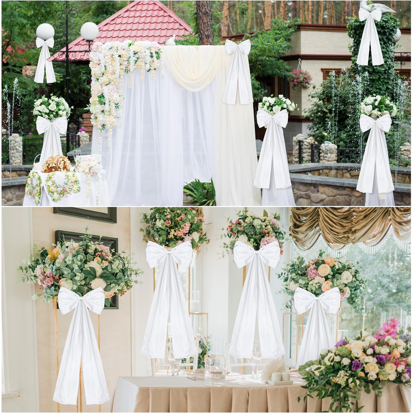 Knitgrip Large Wedding Pew Bows with Long Tails 12 x 29.5 Inch Wedding Aisle Decorations Bows Satin Ribbon Background Decor for Bridal Shower Reception Ceremony(White,12 Pcs)