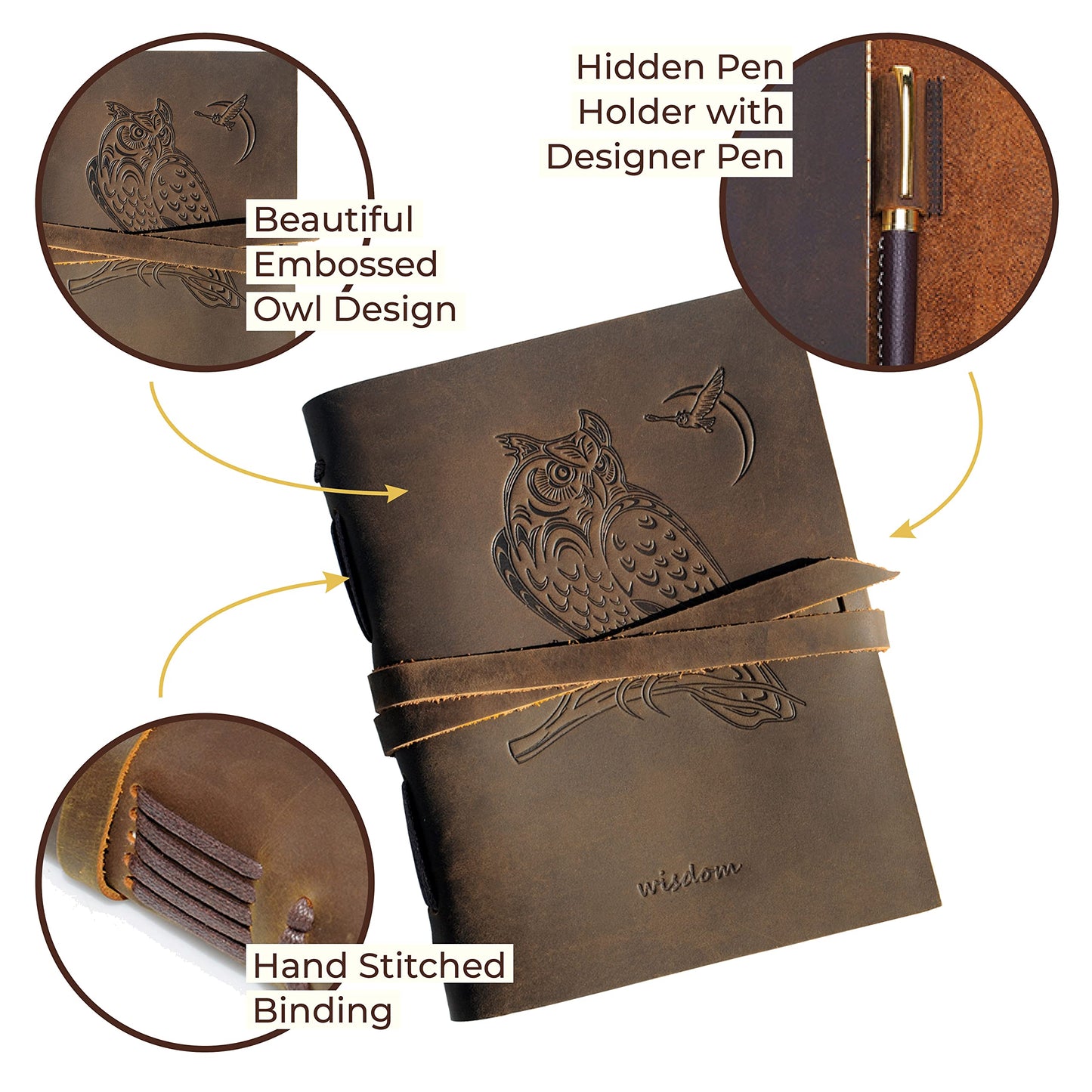 Sovereign-Gear Leather Bound Journal for Men and Women, Handmade Gift Set with Owl Embossed Journal and Stylish Pen, Vintage and Classic, Notebook, Sketchbook, Planner and Diary (300 Pages) (8x6)