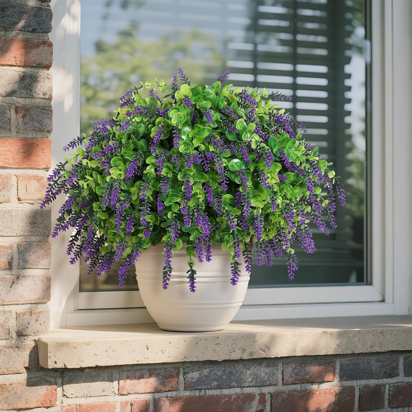 Artificial Eucalyptus & Lavender Topiary Ball Tree for Front Door - Set of 2 Topiary Trees with Pots, UV Resistant Faux Bushes Potted Plants for Porch Garden Farmhouse Outdoor Decoration
