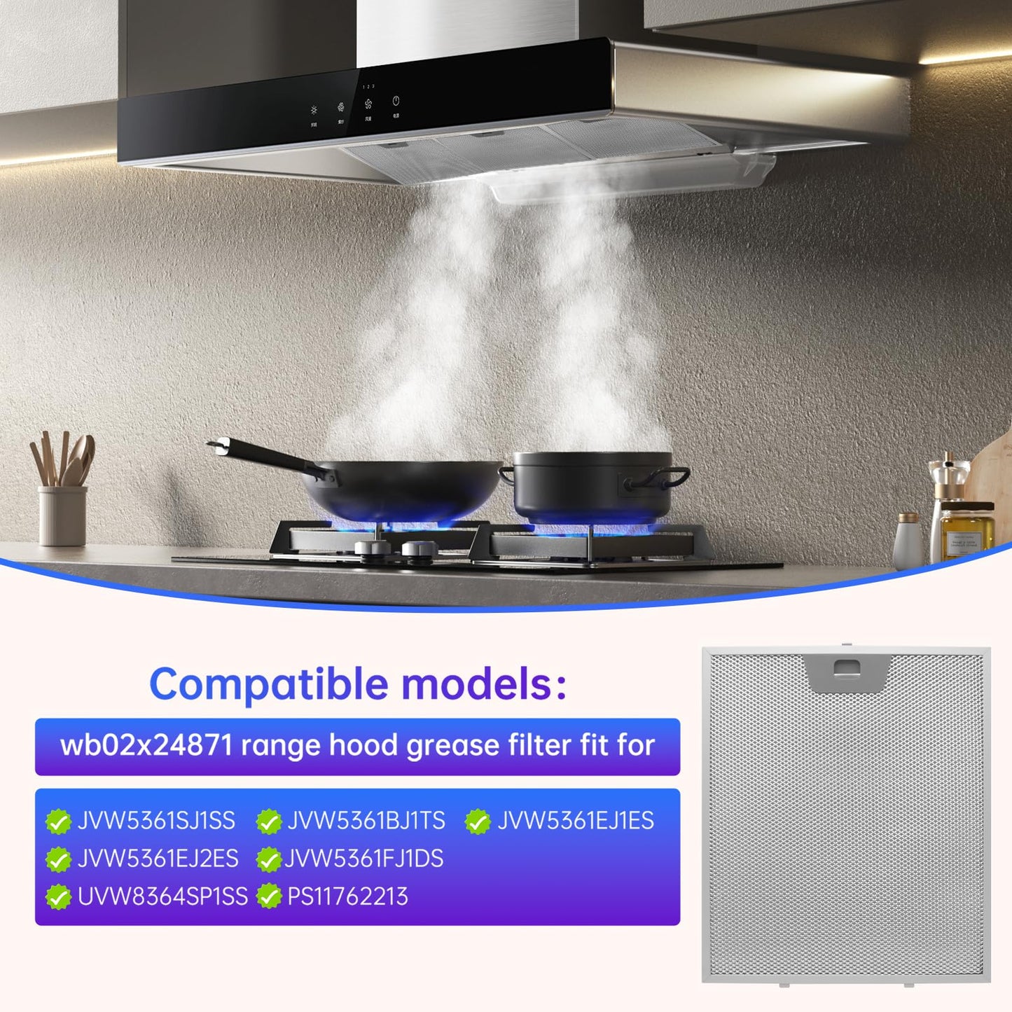 3 Pack-GE Range Hood Filter Replacement WB02X24871,(11-7/8"×10-1/5"×5/16" Metal Grease Filters), Compatible with GE JVW5361EJ1ES JVW5361EJ2ES JVW5361SJSS JVW5361BJ1TS