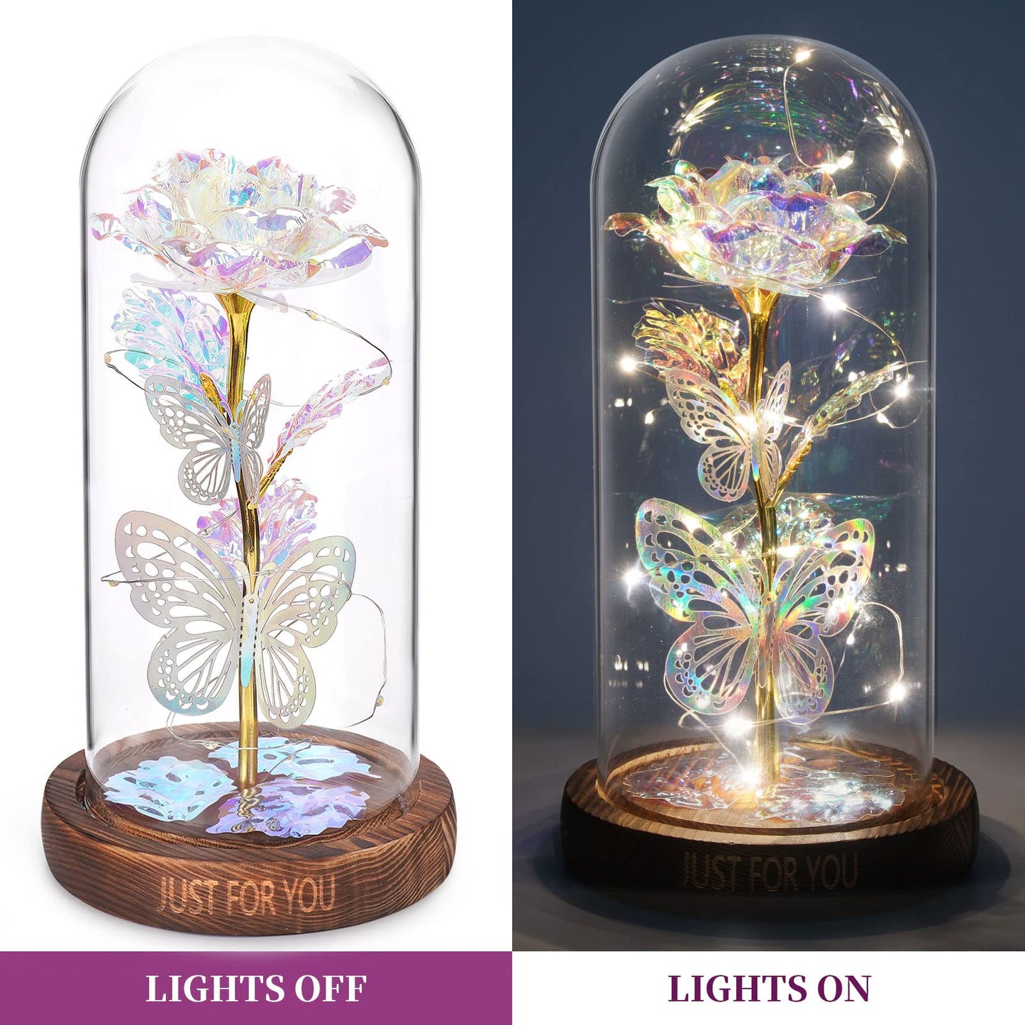 WOKEISE Light Up Rose Butterfly in Glass Dome, Mothers Day Rose Gifts for Mom, Birthday Anniversary Flowers Lighted Roses Gifts for Women,Wife,Mom, Grandma,Girlfriend,Girls,Sister-Silver