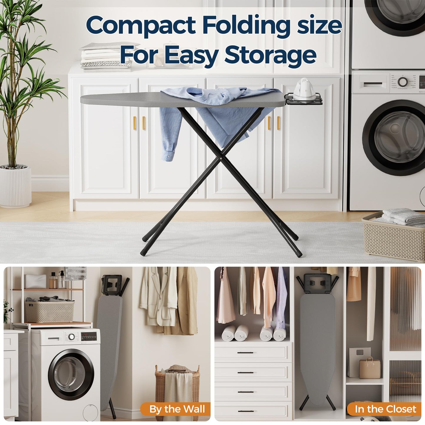 BEWISHOME Foldable Ironing Board, Compact Iron Board with 7 Adjustable Heights and Safety Iron Rest, Ironing Stand with Cover and Pad for Heat Resistance, for Laundry Room 43" X 13" Grey KYB01B