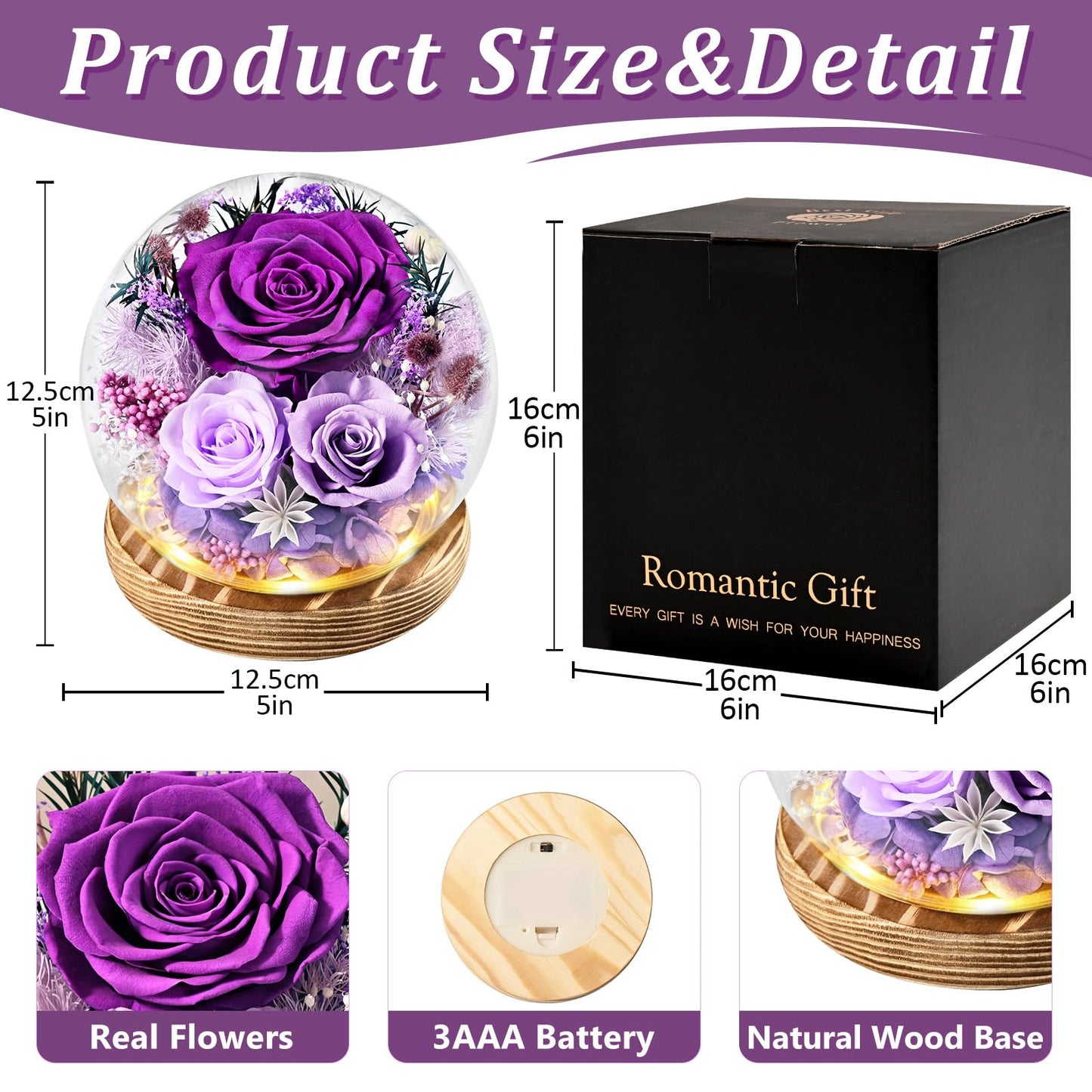 Waipfaru Flowers for Delivery Prime, Forever Fresh Preserved Flowers in Glass Dome, Eternal Purple Rose for Mother Birthday Gifts, Best for Women Girlfriend