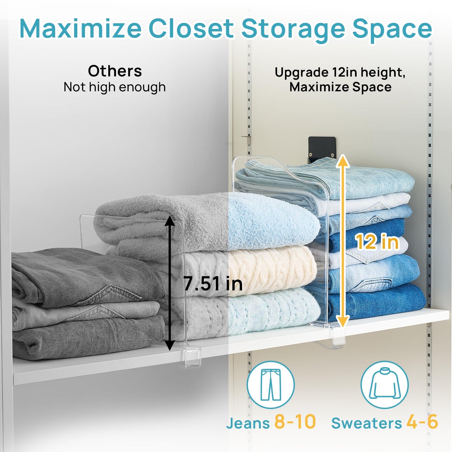 Vtopmart 8 Pack 12in Height Shelf Dividers for Closet Organization, Clear Plastic Closet Shelf Dividers of Upgrade Height for Maximizing Vertical Space Storage, Organizing Sweater, Jeans, Shirts, Bags