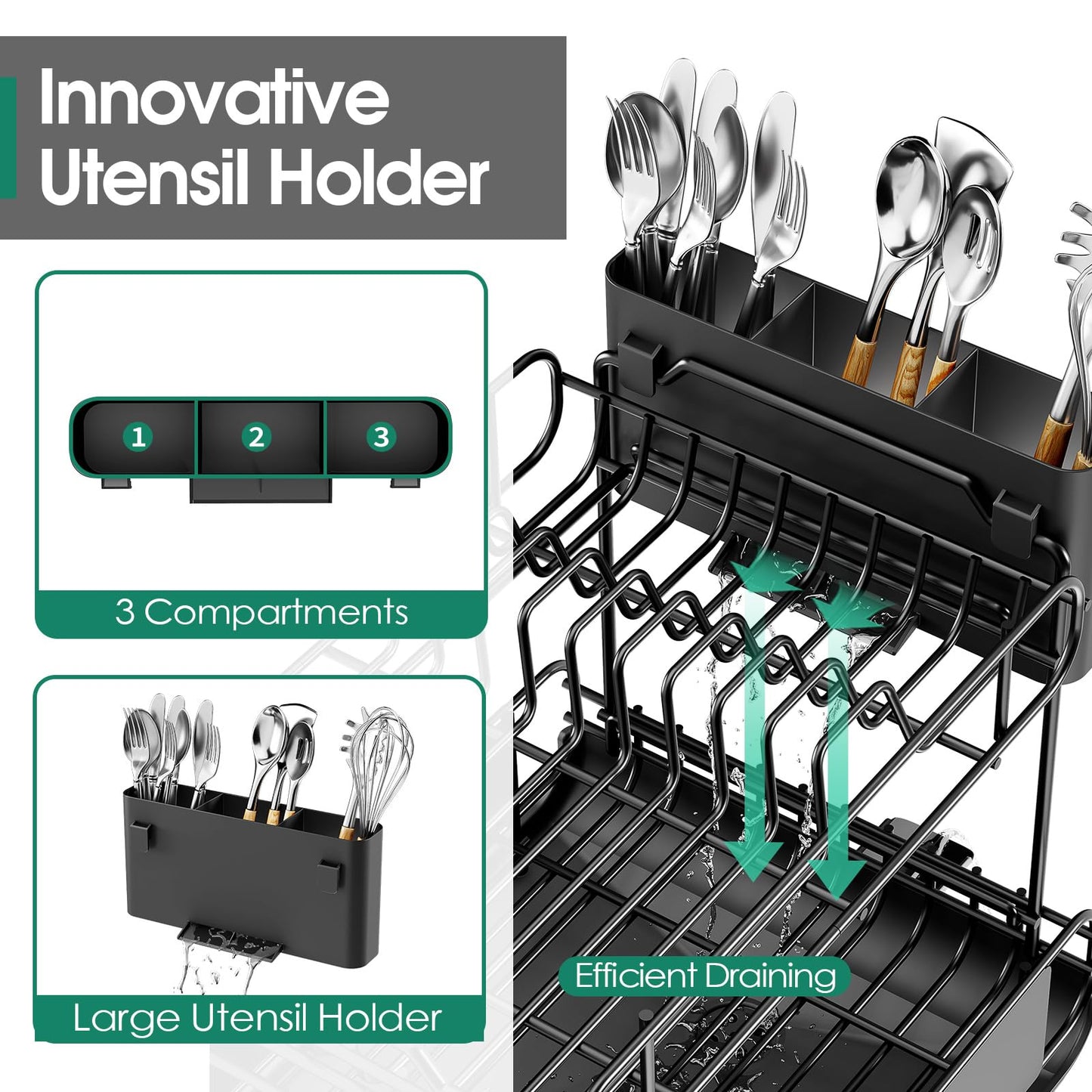 Urackify Dish Drying Rack for Kitchen Counter, Expandable 2 Tier Dish Rack, Large Capacity Dish Drainer with Drainboard Multifunctional Dish Strainer with Removable Cutlery Holder Black
