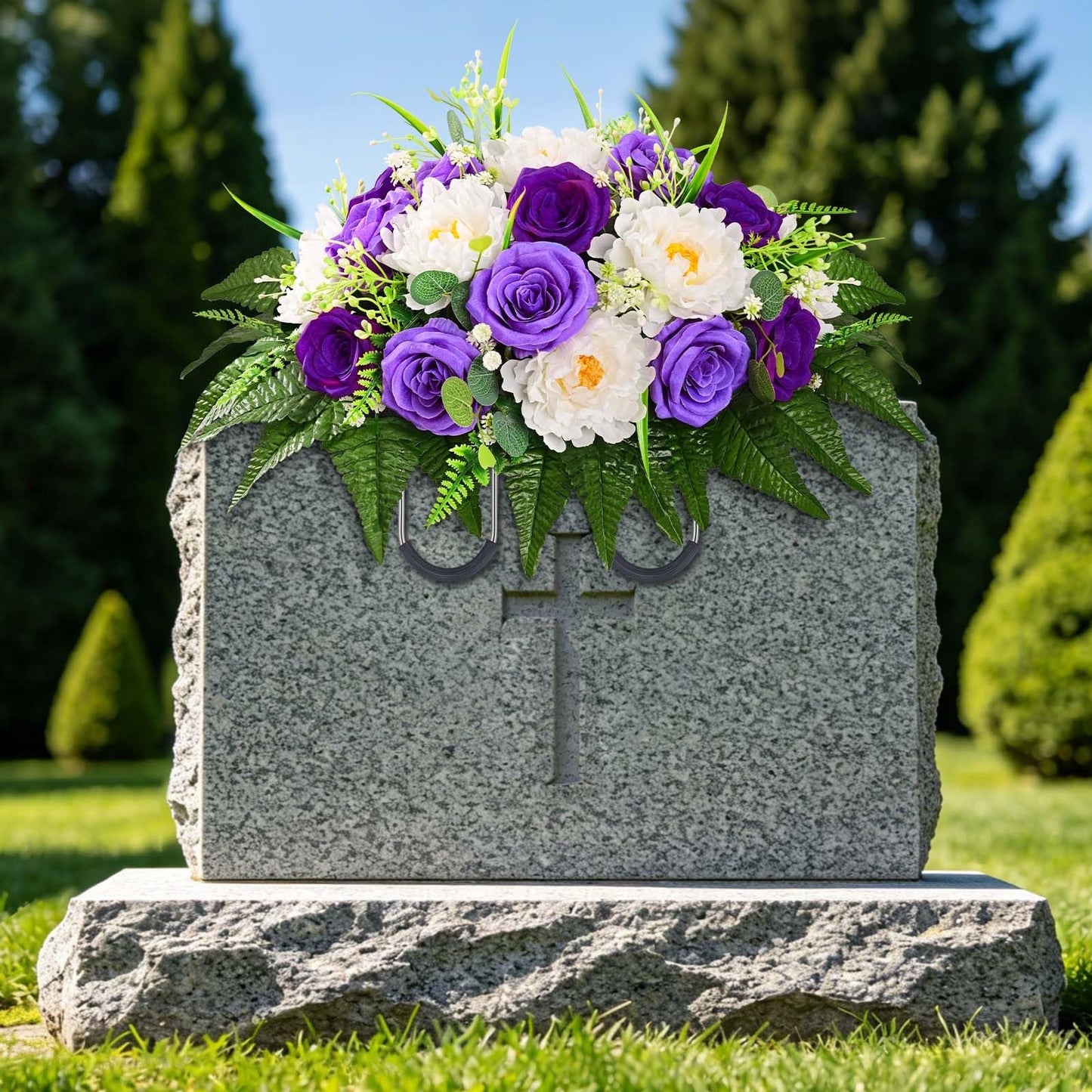 Yastouay Headstone Flower Saddle, Artificial Cemetery Flowers for Grave, Realistic Memorial Day Flowers with Peony Rose, UV Resistant Grave Decorations for Cemetery, Easter Mother’s Day (Purple)