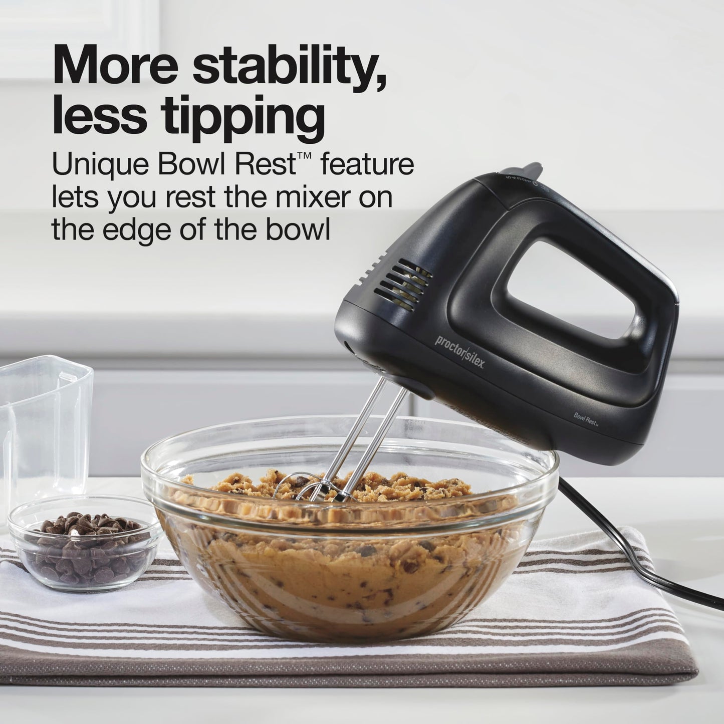 Proctor Silex Easy Mix 5-Speed Electric Hand Mixer with Bowl Rest, Compact and Lightweight, 215 Watts of Peak Power, Storage Case, Black (62512)
