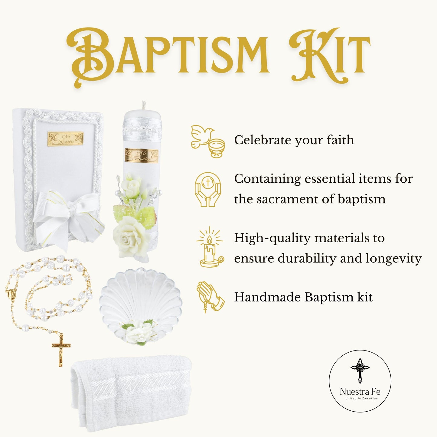 5 Pcs White Baptism Candle Set for Girls and Boys - Velas para bautizo - Vela de bautizo - Catholic Baptism Candle - baptismal kit with Shell and Bible