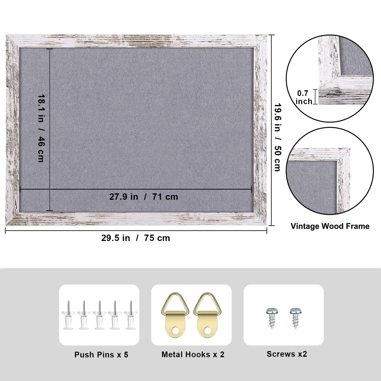 Aitakatta Gray Felt Bulletin Board, 29.5x19.7 inches Decorative Hanging Bulletin Boards for Walls with White Rustic Wood Frame, Pin Board Vision Board for Office Home School with Pins (5075,WH,1pc)
