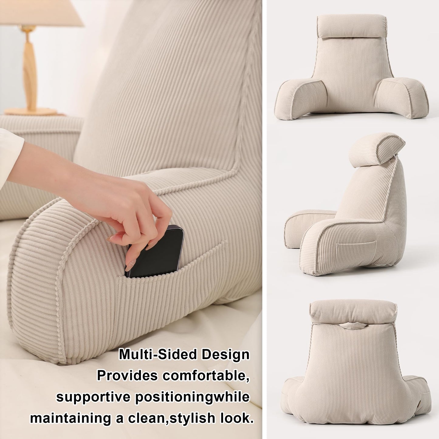 Ailuteie Reading Pillow for Sitting Up in Bed, Corduroy Backrest Pillow with Arms, Side Pocket & Washable Cover, Bed Rest Pillow Back Support for Adults, Beige Gray