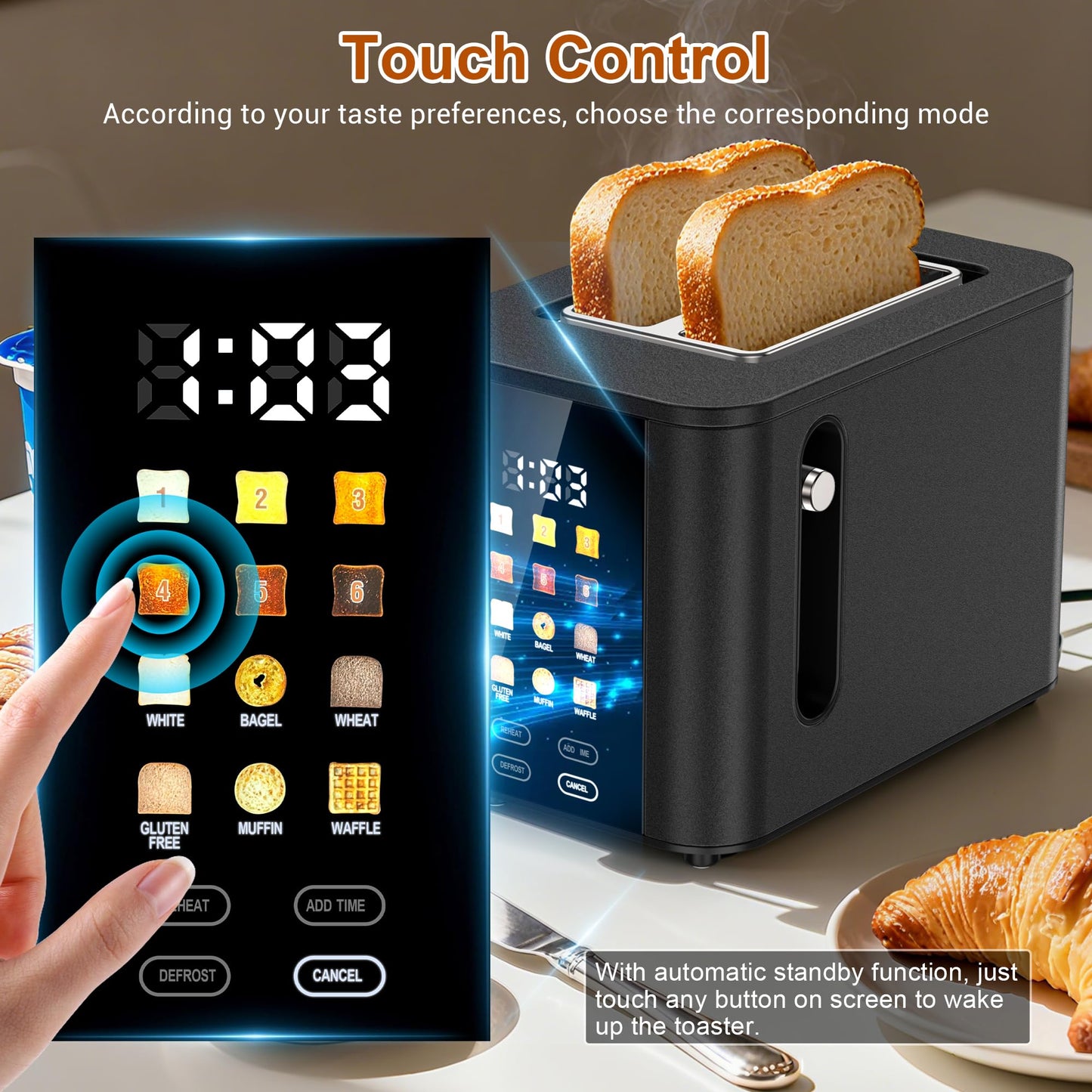 Touch Screen Toaster 2 Slice Black Toaster with Digital Countdown Wide Slot LCD Display 2 Slice Toasters Smart Toasters 6 Shade Settings 6 Bread Type with Reheat/Add Time/Defrost/Cancel Function