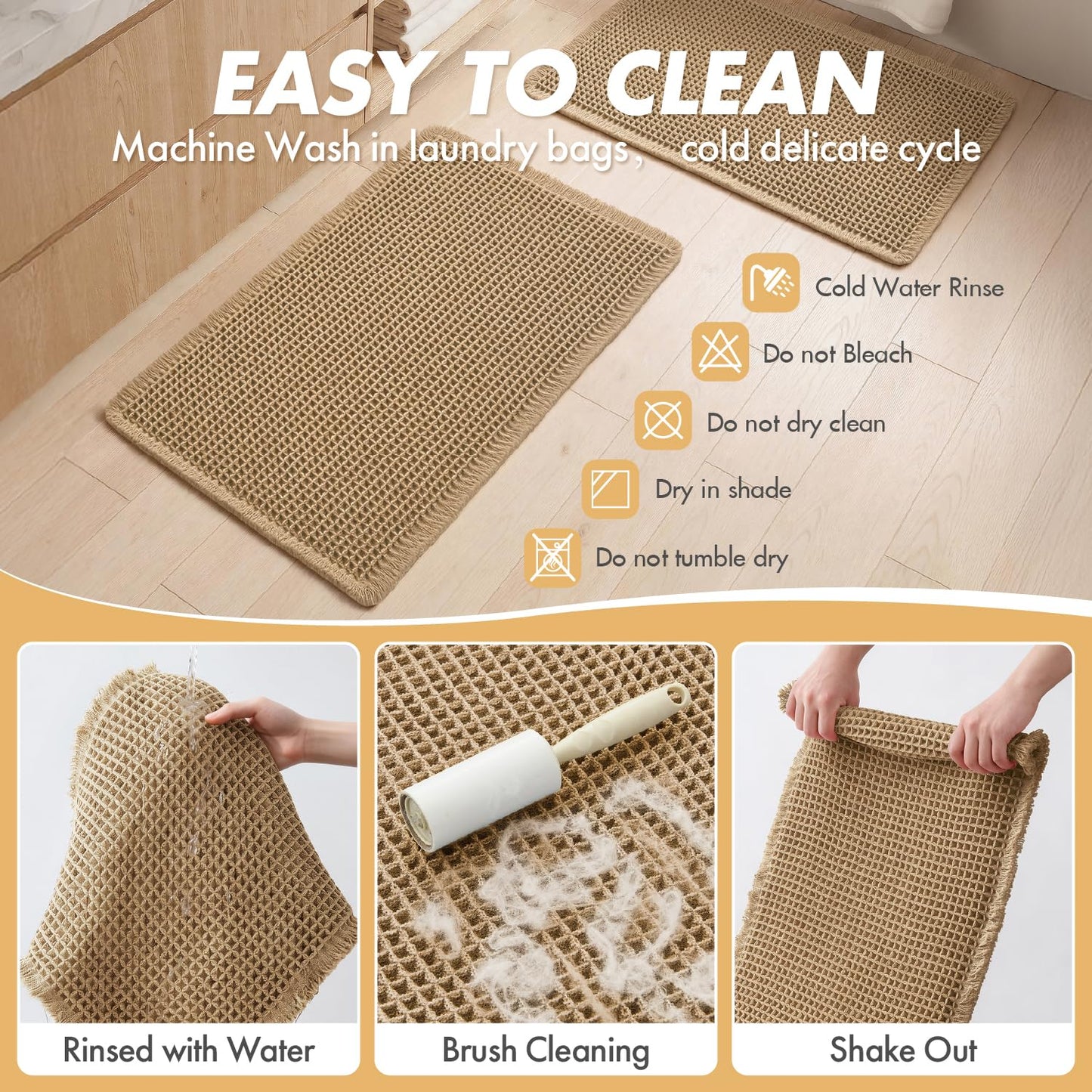 MIULEE Set of 2 Waffle Bathroom Rugs, Boho Bath Rugs Non Slip Washable, Super Absorbent Bath Mats, Ultra Soft Rubber Backed Shower Mats for Bathroom Floor, Tub and Shower, Brown, 24x36 Inch