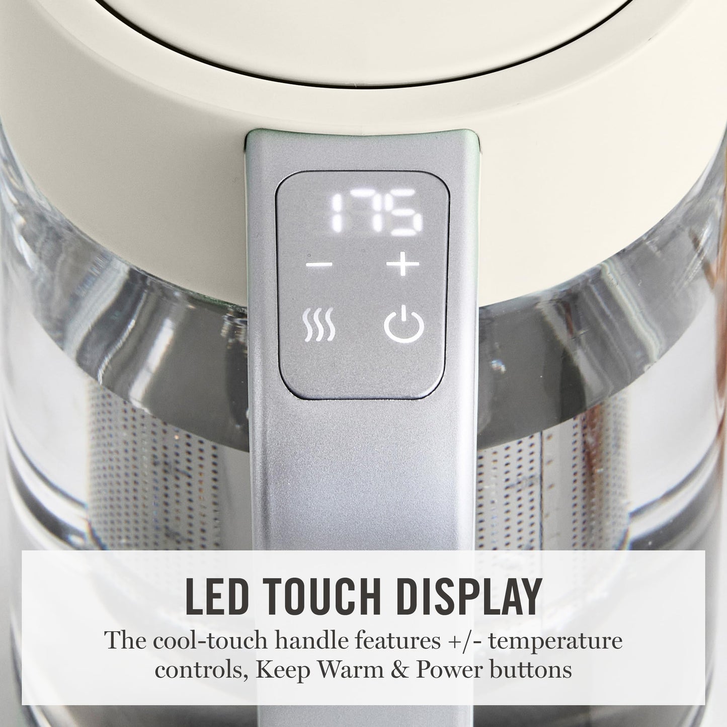 Martha Stewart Electric Kettle with Removable Stainless Steel Tea Infuser, Glass Carafe 1.7L (7 Cups), Hot Water Boiler, 4 Presets, Keep Warm & Auto Shut-Off, Cordless 360° Swivel Base, Linen White