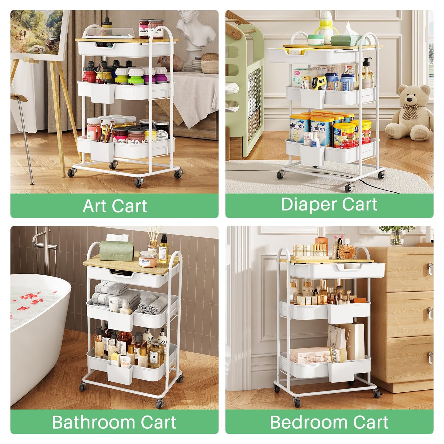 SNTD 3 Tier Utility Rolling Cart with Wheels - Smooth Sliding Drawers, Wooden Tabletop, Hanging Buckets for Kitchen, Art Room, Office, Bathroom (White)