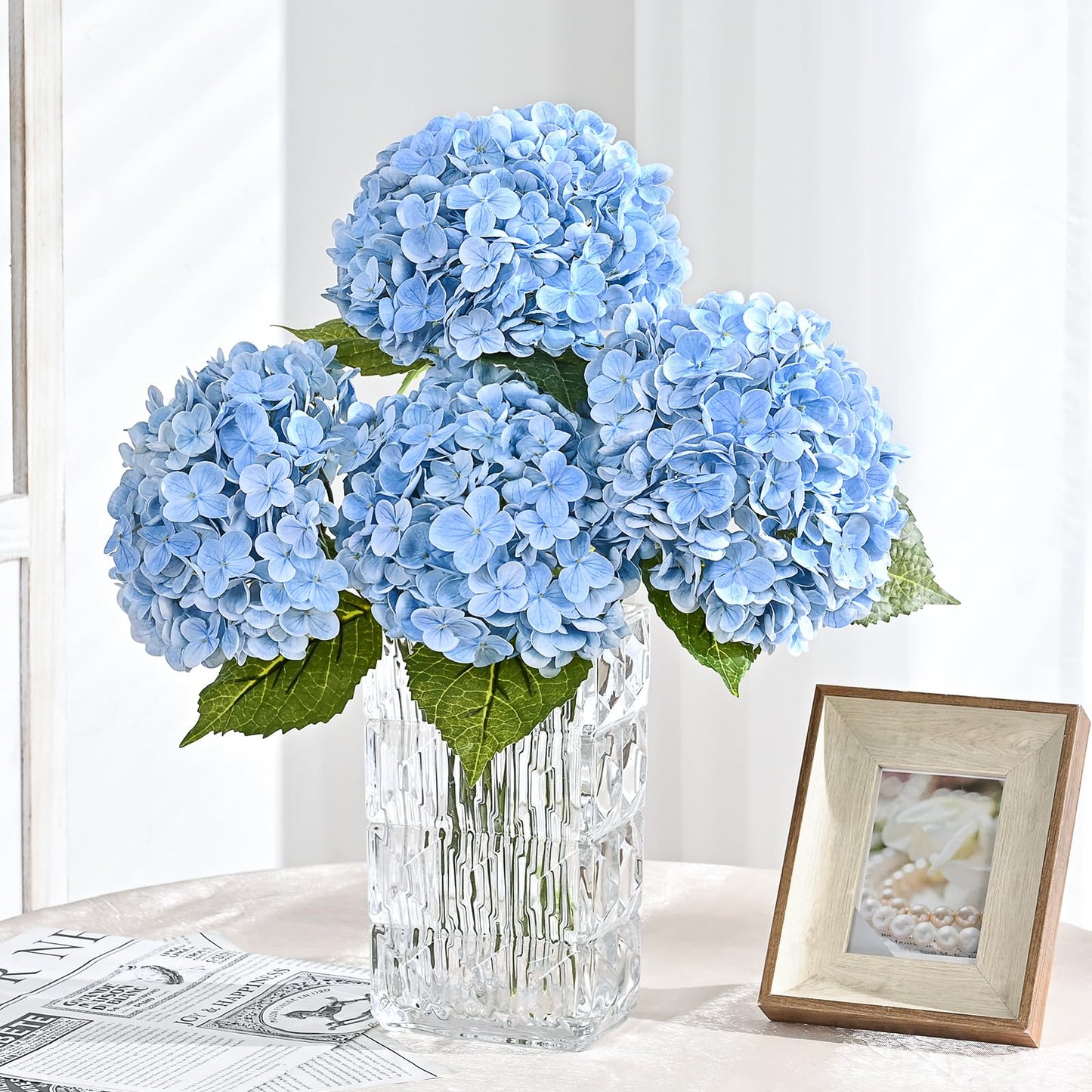MARTINE MALL 5Pcs 21in Hydrangea Artificial Flowers, Latex Real Touch Hydrangeas Lifelike Large Hydrangea Flowers for Home Decor Party Arrangements Wedding Bouquets Centerpieces (Blue)