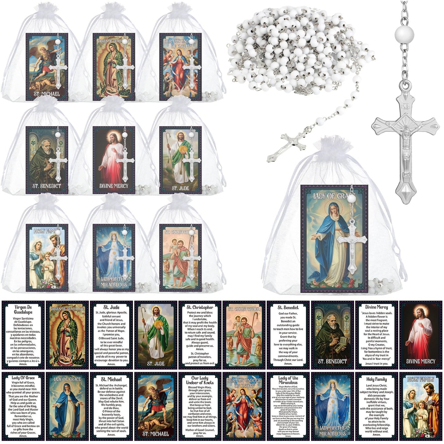 Sayglossy 10/20/30 Set Catholic Religious Gifts Set Rosary Christian Cross Necklace with Saint Prayer Cards & Organza Bags - Bulk First Communion, Baptism, Confirmation, Lent Favors(Bead,Ivory,30)