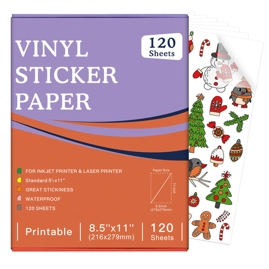120 Sheets Premium Printable Vinyl Sticker Paper Clear - 8.5x11" for Inkjet Printers, Waterproof Tear Resistant, Dries Quickly, Vivid Colors, Easy to Cut for Cutting Machines, DIY Self-Adhesive Labels