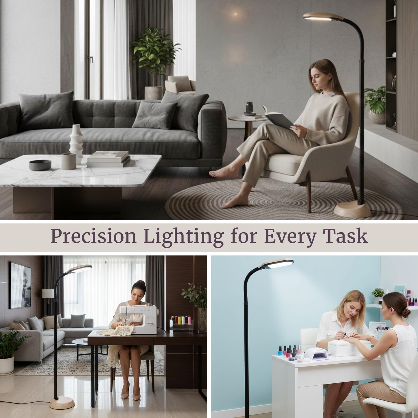 Bedford Home Floor Lamp - Full Spectrum Natural Sunlight Lamp with Bendable Neck - Reading, Craft, and Esthetician Light (Light Woodgrain)
