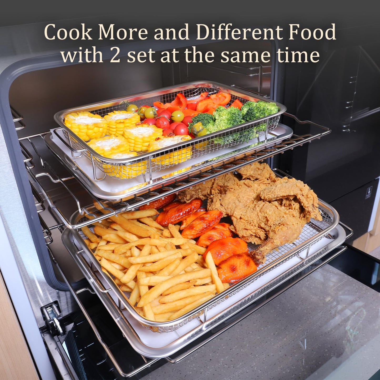 Baccooli Air Fryer Basket for Oven, Stainless Steel Oven Air Fryer Basket and Tray Set, 2 Pack Air Fryer Pan Rack with 100 Pcs Parchment Papers - 15"x11" & 12.8"x9.6" (15"x11" & 12.8"x9.6")