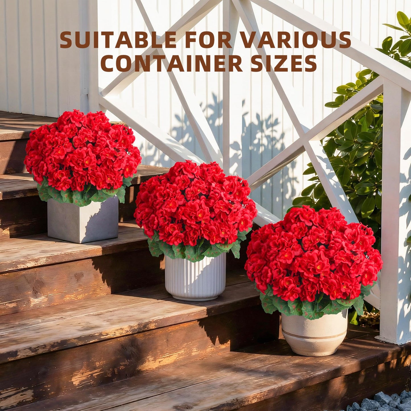Geraniums Artificial Flowers for Outdoors, 2 Pack Potted Plants Red Faux Geraniums Bush Artificial Topiaries Realistic UV Resistant Fake Flowers Plants for Planters Outside Gardens Front Door Indoor