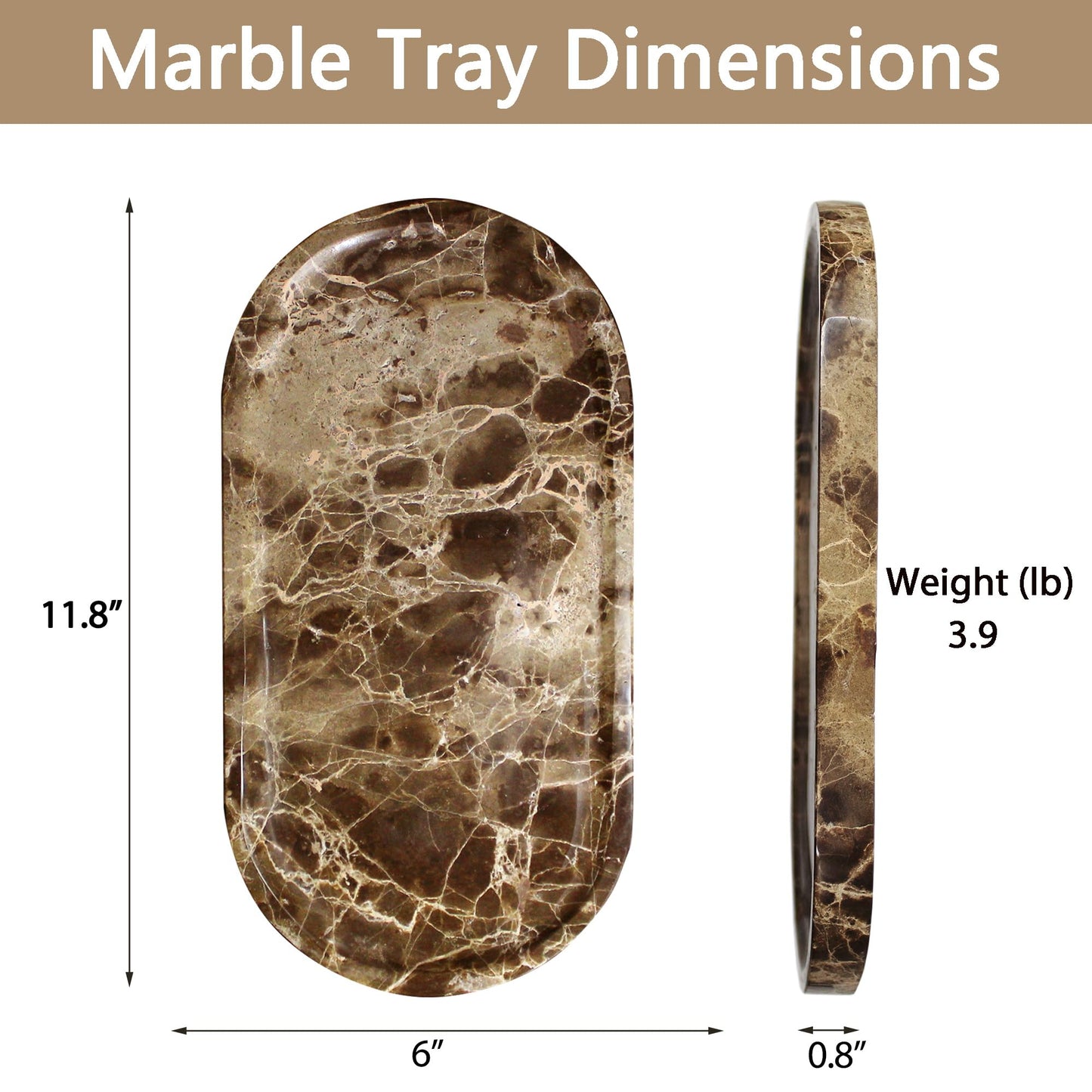 YMXYJM Genuine Real Natural Marble Tray for Bathroom, Luxury Dark Brown Stone Vanity Tray, Decorative Oval Trays for Countertop Storage, Vanity, Dresser, Kitchen, Home Decor, 11.8" x 6", Brown