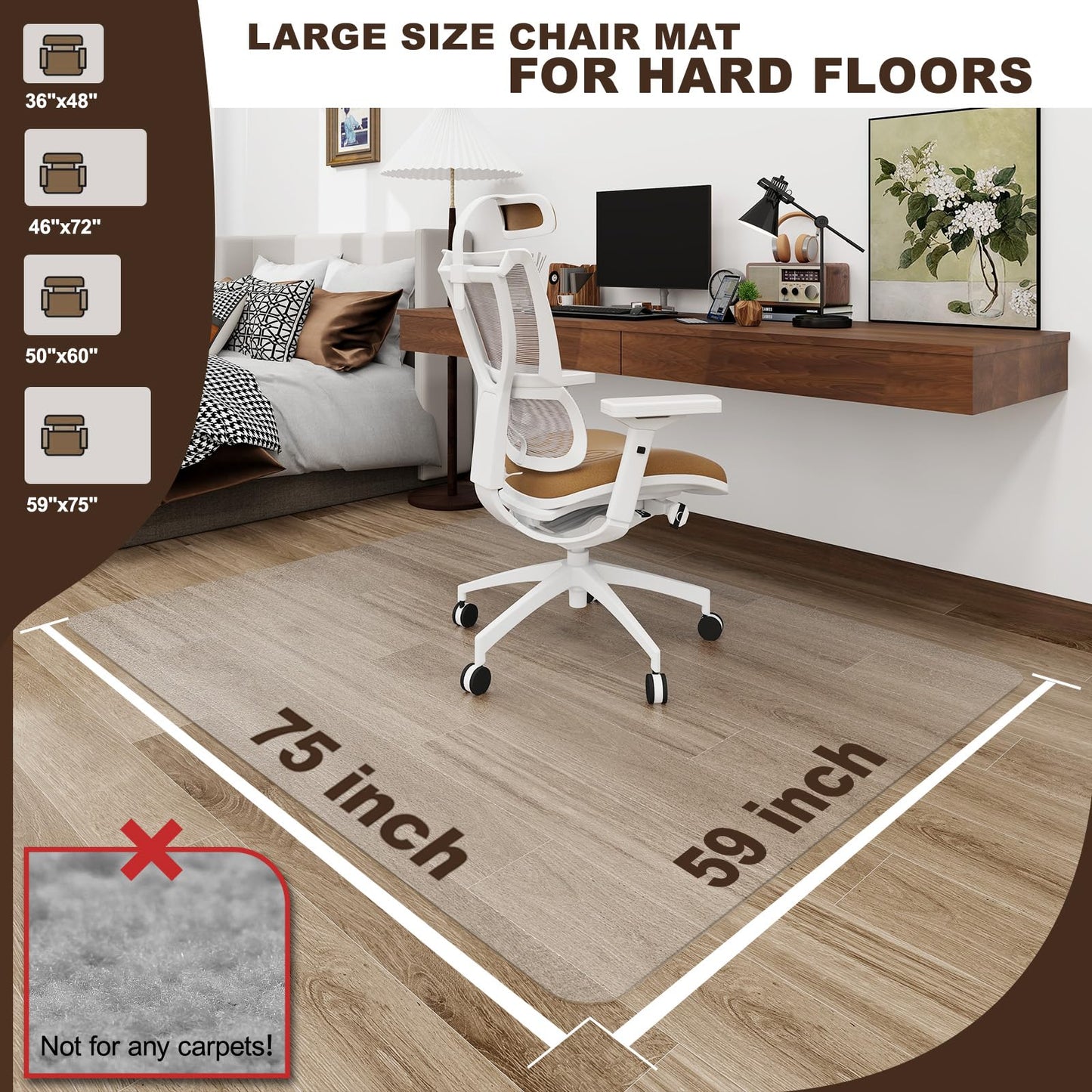 Clear Office Chair Mat, 36"x48" No Slip Vinyl Desk Chair Mat for Hard Floors, 2mm Thick Heavy-Duty Computer Floor Mat, Waterproof Rolling Chair Floor Protector for Home Office