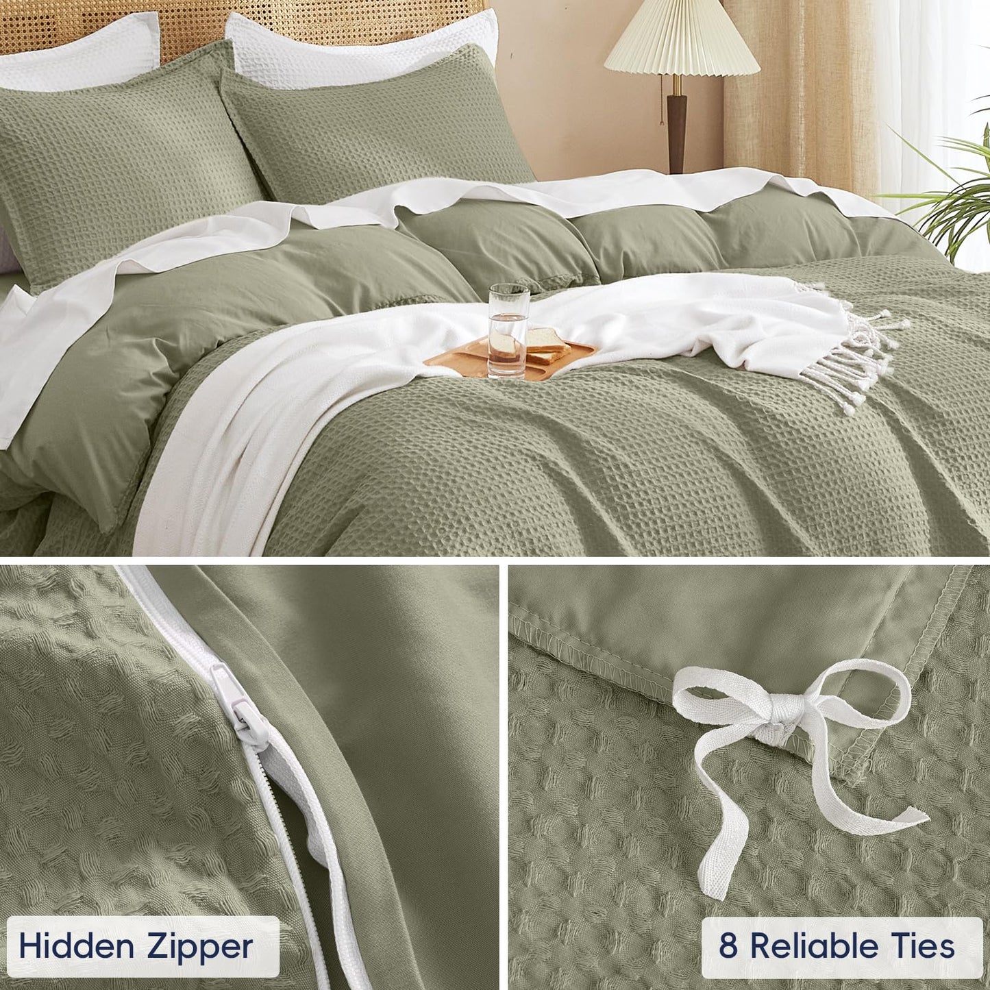 PHF Waffle Duvet Cover Set Queen Size, No Snagging Ultra Soft Luxury Textured Breathable Comforter Cover for All Season 3pcs, Durable Bedding Duvet Set with 2 Pillow Shams, 90"x90", Dusty Sage