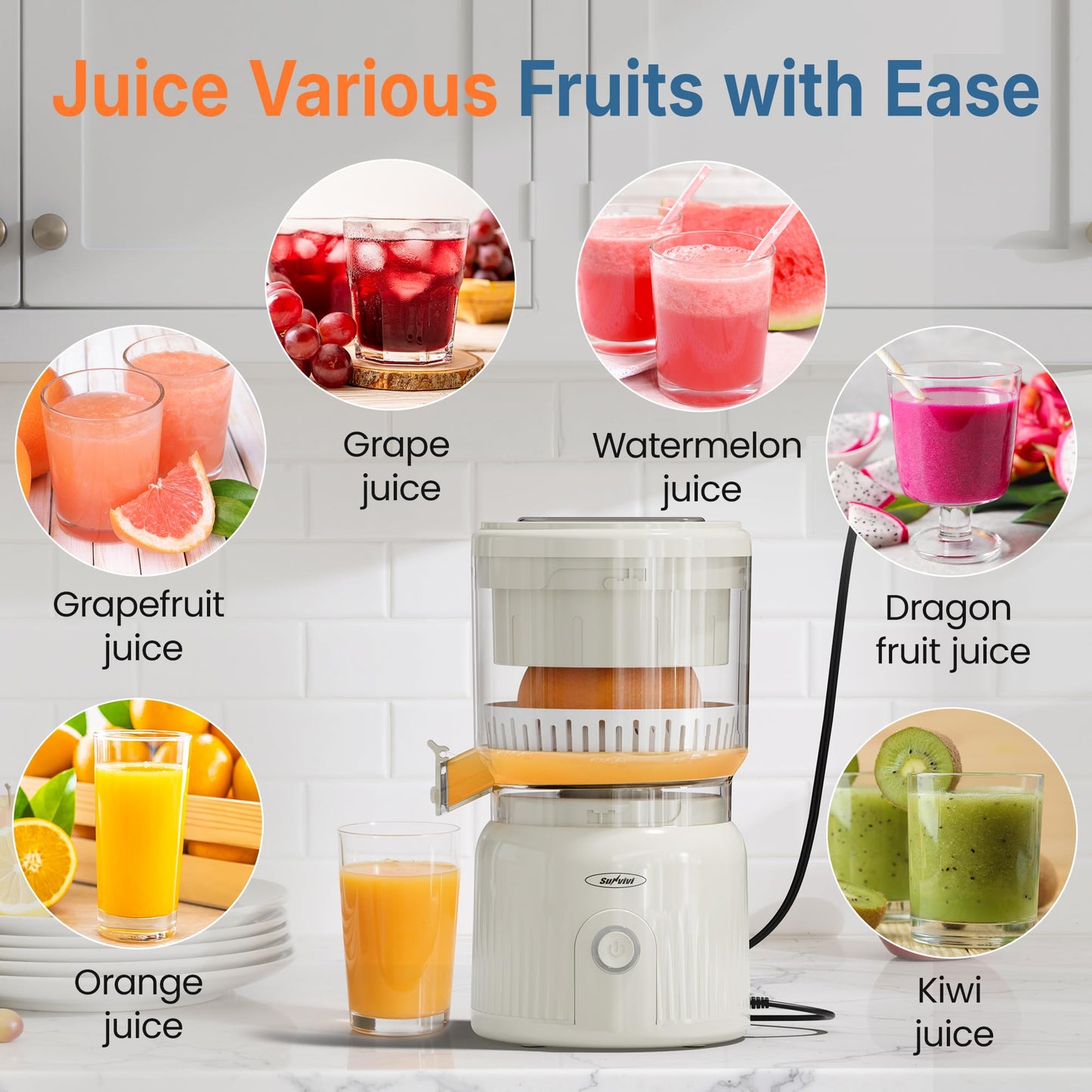 SUNVIVIPRO Electric Citrus Juicer, 90W High-Speed Juice Squeezer with 15,000 RPM Pure Copper Motor, Efficient Orange and Lemon Juicer for Soft Fruits, Compact Design with Easy Cleaning, White