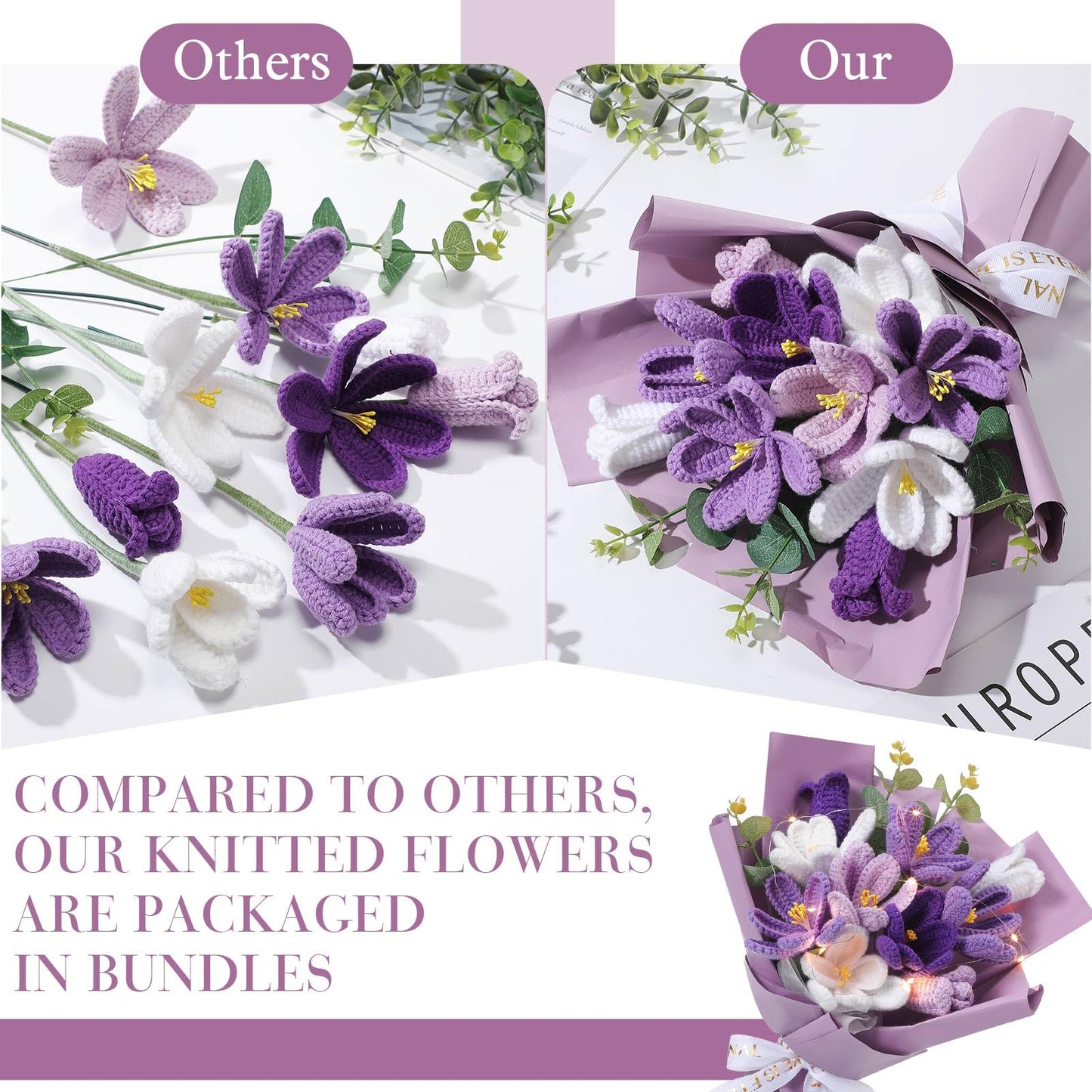 Juinte Mothers Day Crochet Flowers Bouquet Gift Completed Handmade Knitted Flowers with LED Lights Tulips Bouquet Gift for Mother Day Women Birthday Graduation Wedding Home(Purple)