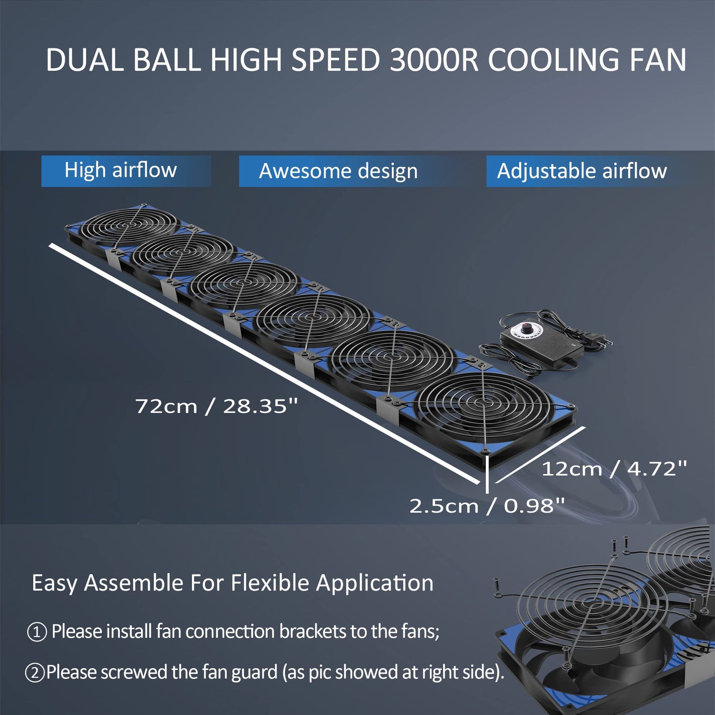 120mmx6 720mm Adjustable Computer PC Vent Fans 3V-12V Speed Controller for Flexible Arrange Cabinet Rack Space Window Wall Server Mining Rig Chicken Coop Exhaust Cooling