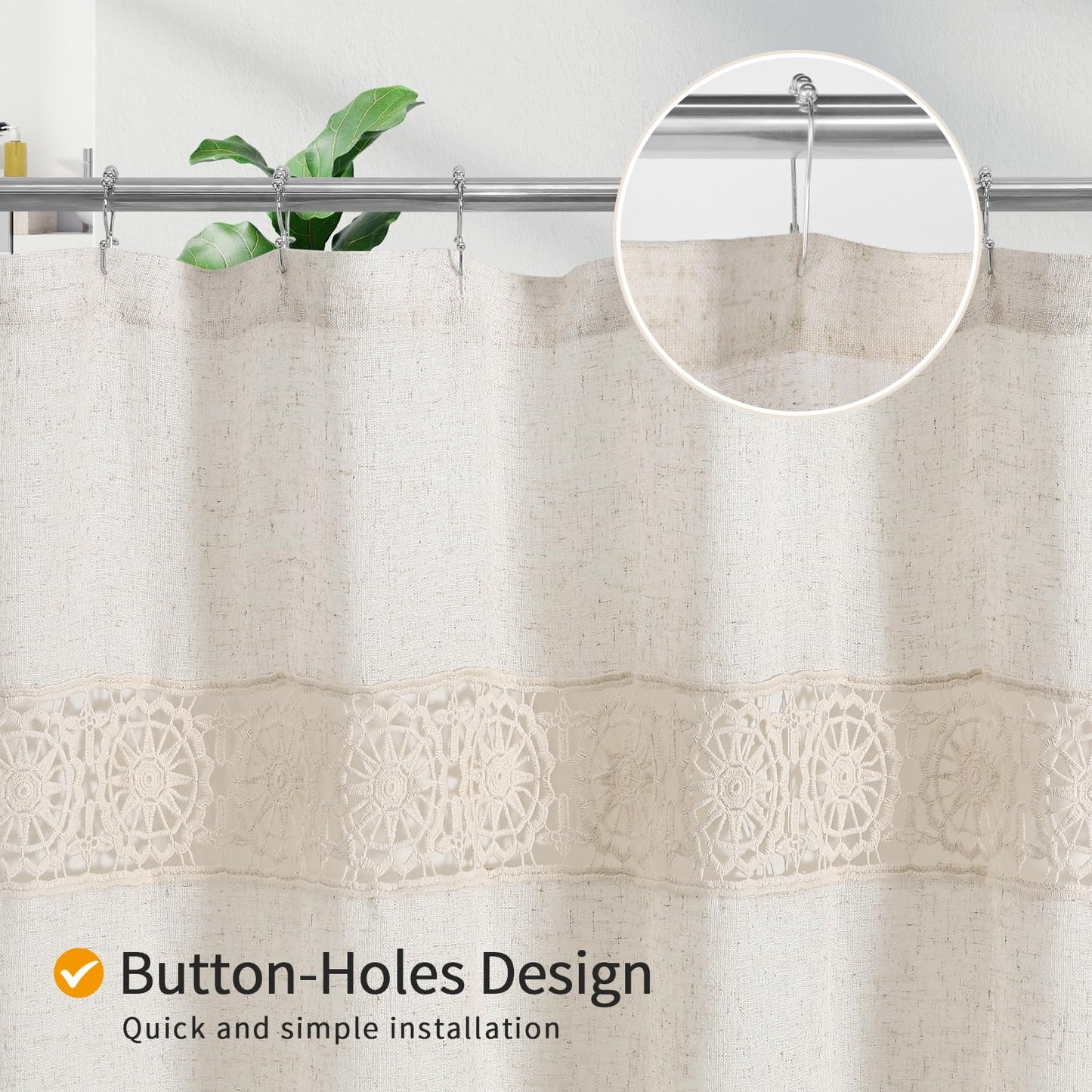Gibelle Boho Farmhouse Shower Curtain Set, Linen Cotton Fabric Shower Curtain with Macrame Lace Decor, Modern Bohemian French Country Chic Bathroom Curtain with PEVA Liner 72x72 - Beige/Cream