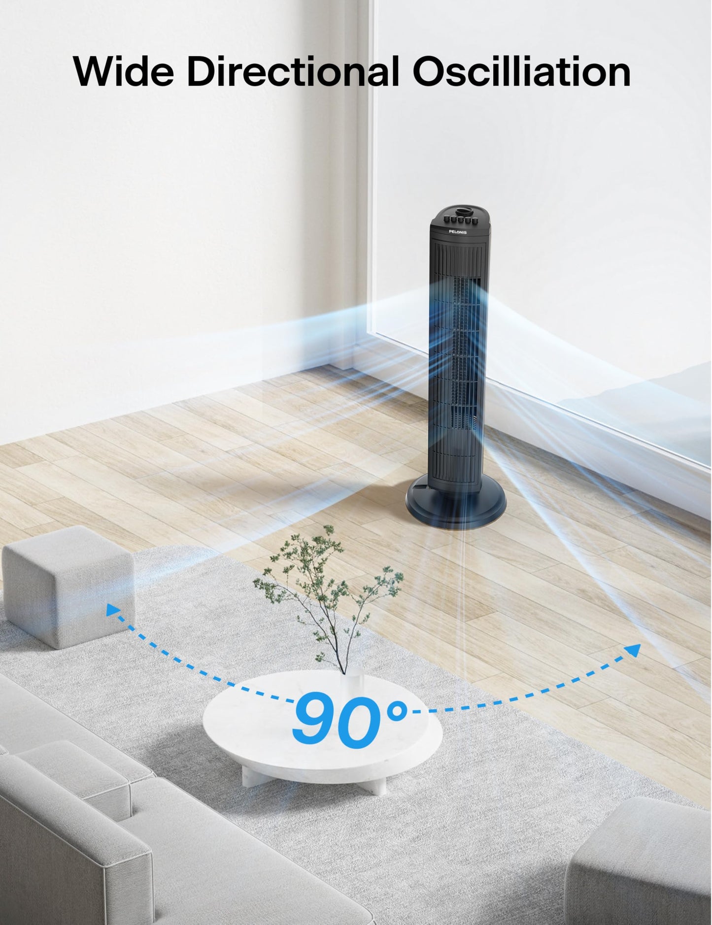 PELONIS 30 Inch Tower Fan for Bedroom, Quiet Oscillating Standing Fan with 3 Speeds, Portable Cooling Fan for Home Office Dorm Room, Auto-off Timer, Black, PFT28A2BBB
