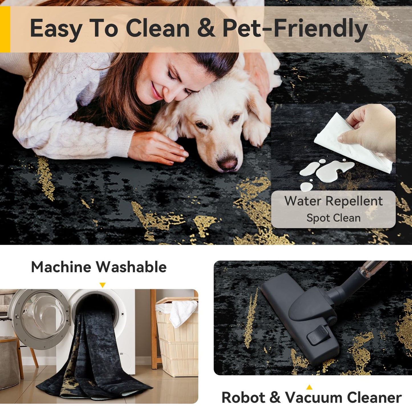 RELEANY Washable Area Rugs 5'x7' Non-Slip Modern Abstract Soft for Living Room Entryway Bedroom Nursery, Print Pattern, Dark Black Gold