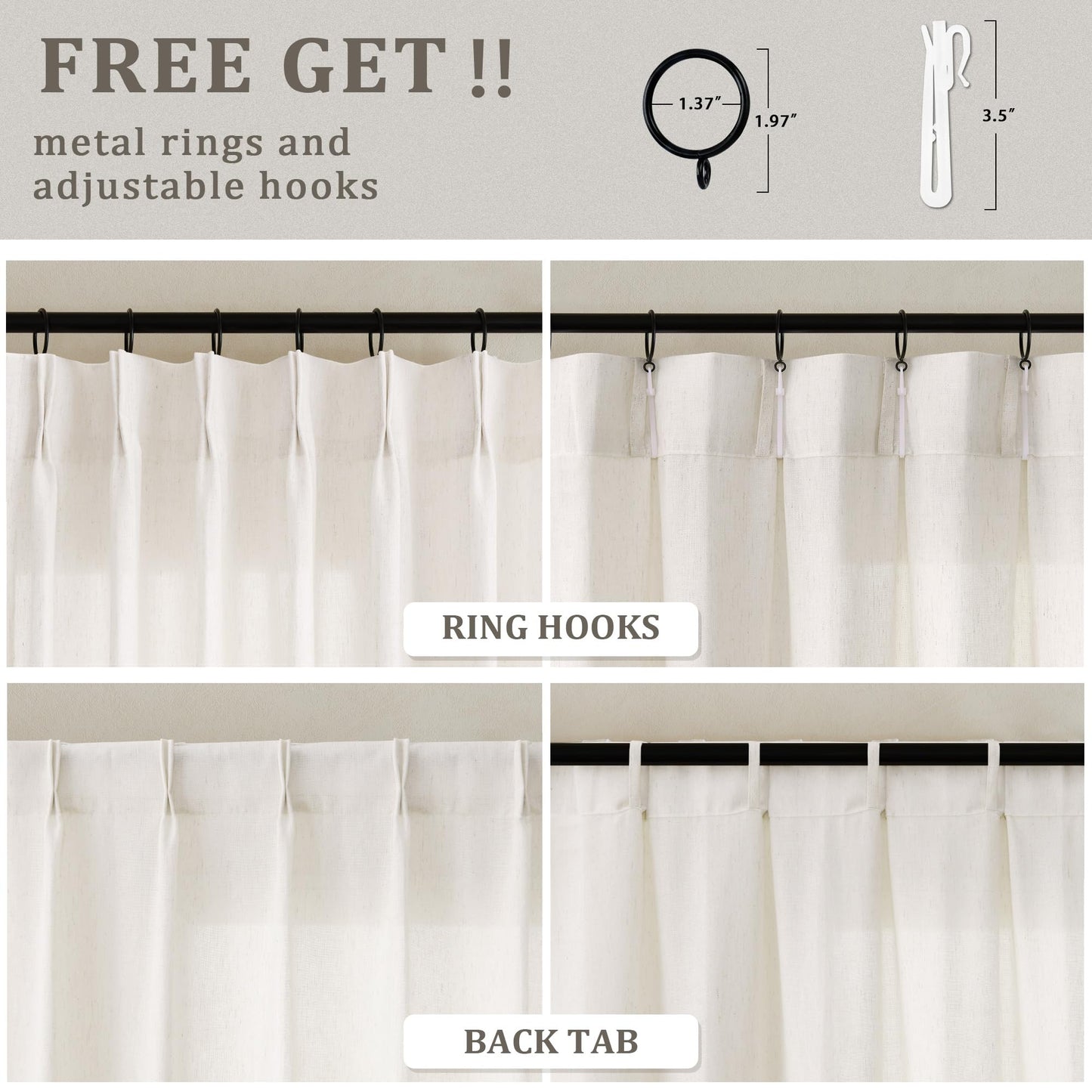 Pinch Pleated Extra Wide Linen Curtains 84 Inches Long for Patio Sliding Glass Door Cream Ivory 72 Inch Wide Pleated Drapes with Hooks Rings Neutral Natural Semi Sheer 72x84 Curtain for Living Room