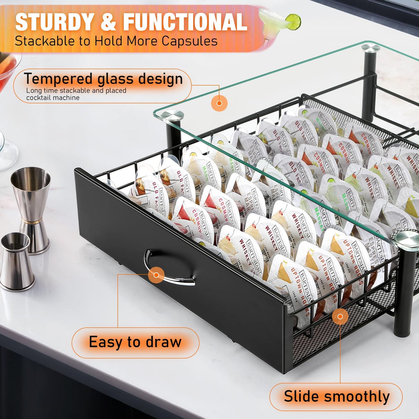 Cocktail Beverage Storage Drawer for Bartesian Capsules, Cocktail Pod Holder Organizer for Bartesian Cocktail Machine Compatible with BEV by Black & Decker Cocktail Machine, Holds Up to 36 Capsules