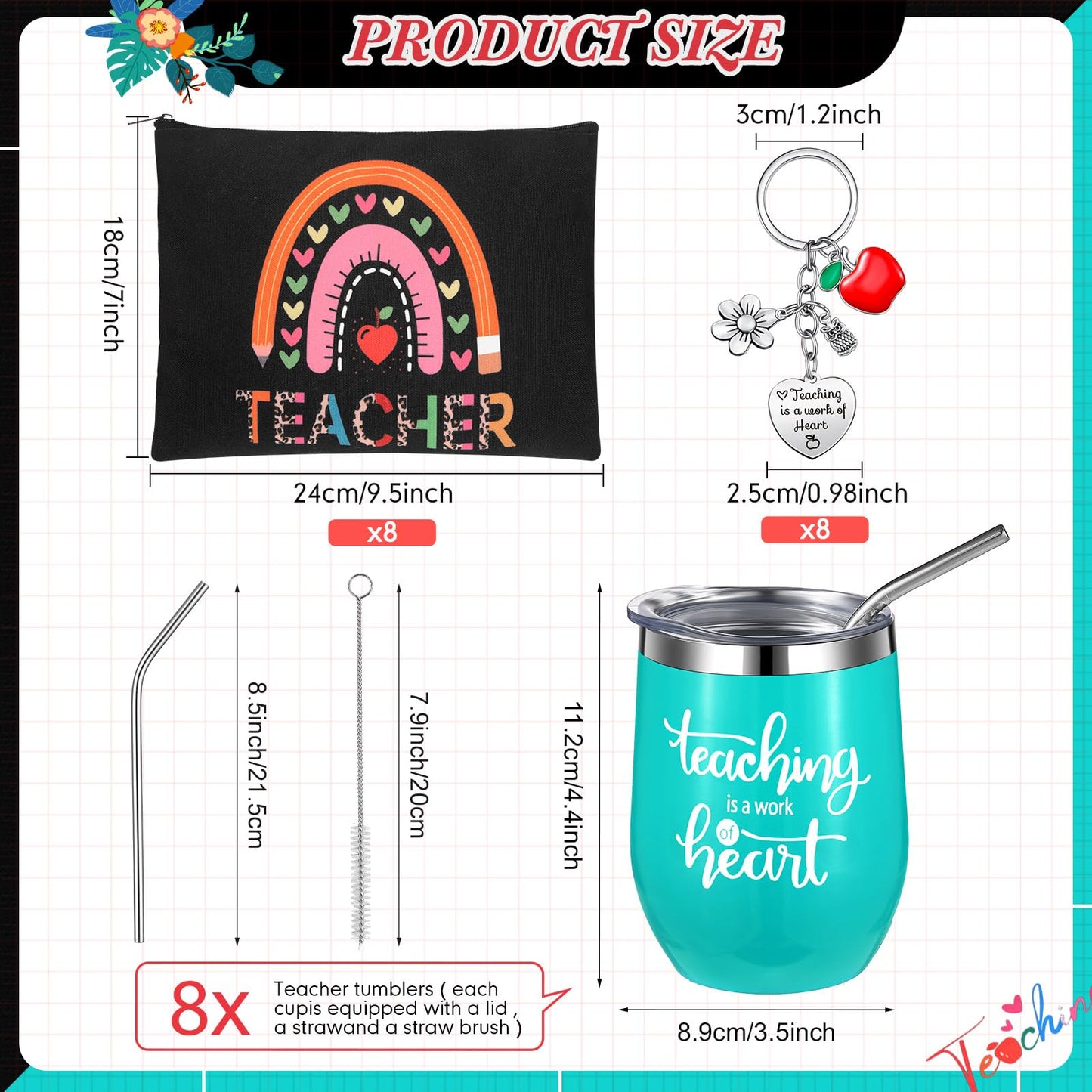 Hoolerry 24 Pcs Teachers Appreciation Gifts Bulk, 12 oz Thank You Tumblers for Graduation Gifts, Teacher Coffee Mug and cosmetic bag keychain for Women Supplies Gift