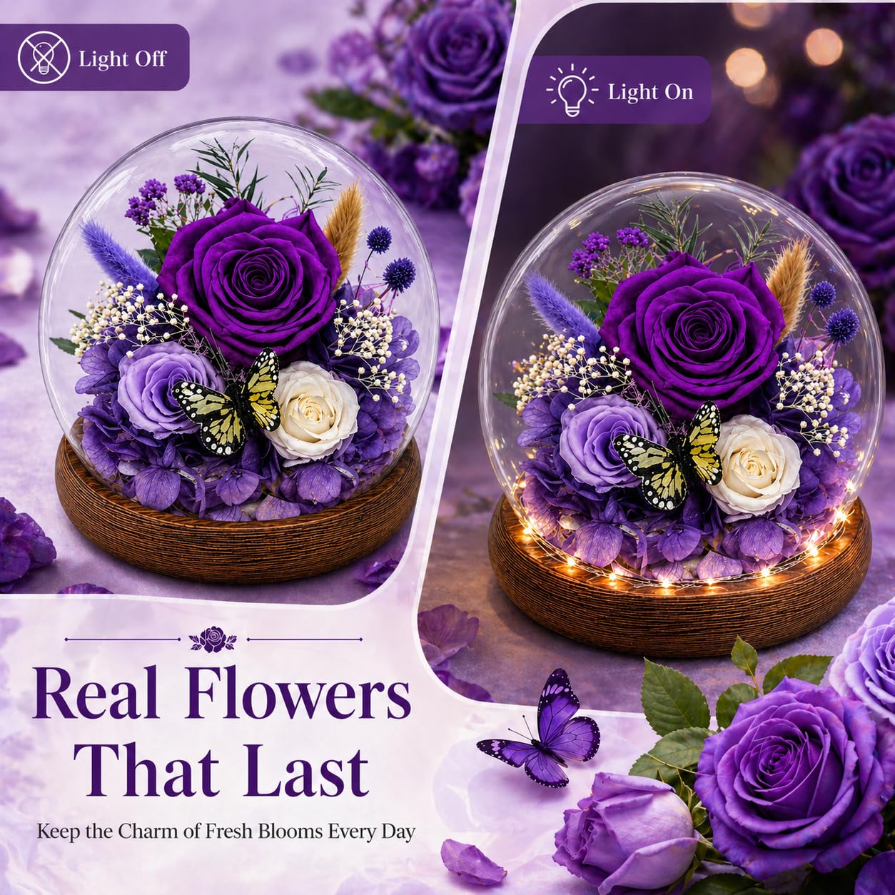 Purple Rose Birthday Gifts for Women | Forever Rose Graduation Gift for Her | Gift for Mom Grandma Sister Daughter Wife Birthday | Fresh Flowers for Delivery Prime Real Flowers in Glass Dome