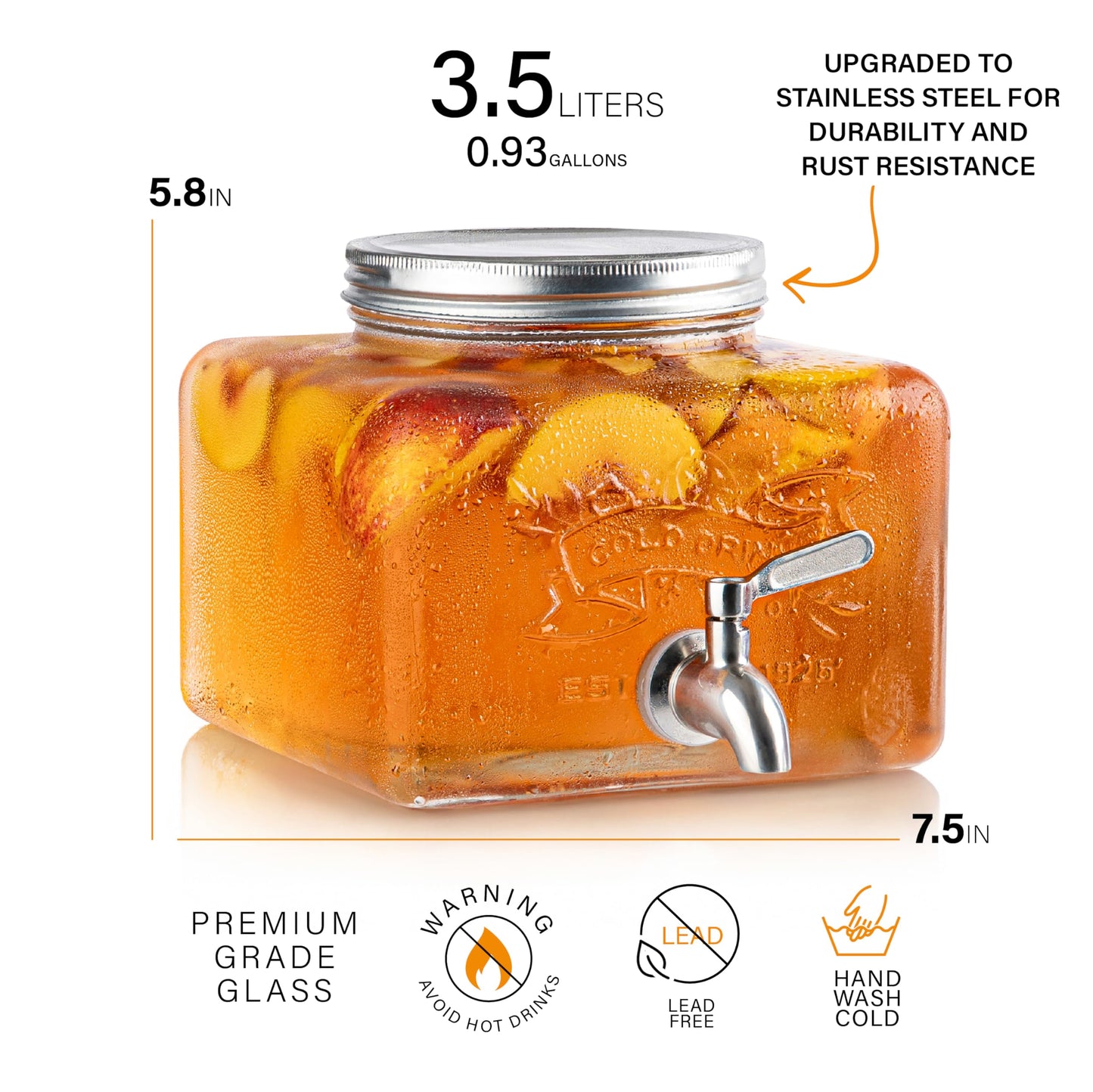 MosJos Glass Drink Dispenser for Fridge - Stainless Steel Spigot Mason Jar Dispenser with Wide Opening & Easy-Fill - Beverage Storage for Outdoor, Water, Iced Tea, Juice, Sangria & Detergent, 1 GALLON