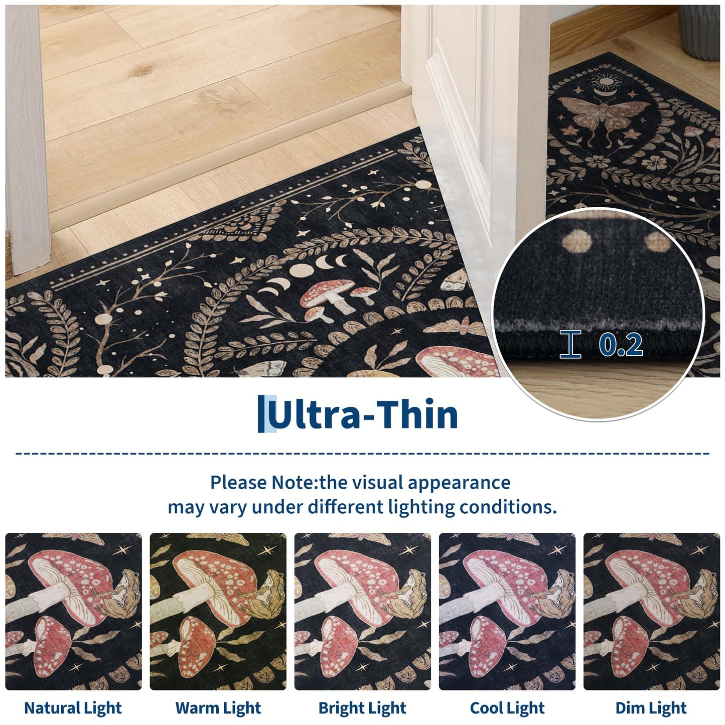 Garvee Mushroom 5x7 Area Rugs for Living Room, Dark Academia Gothic Rug, Non Slip Animal Print Washable Rugs 5x7 Low Pile Bedroom Decor Bug Carpet with Rubber for Playroom Dining Room Office, Black