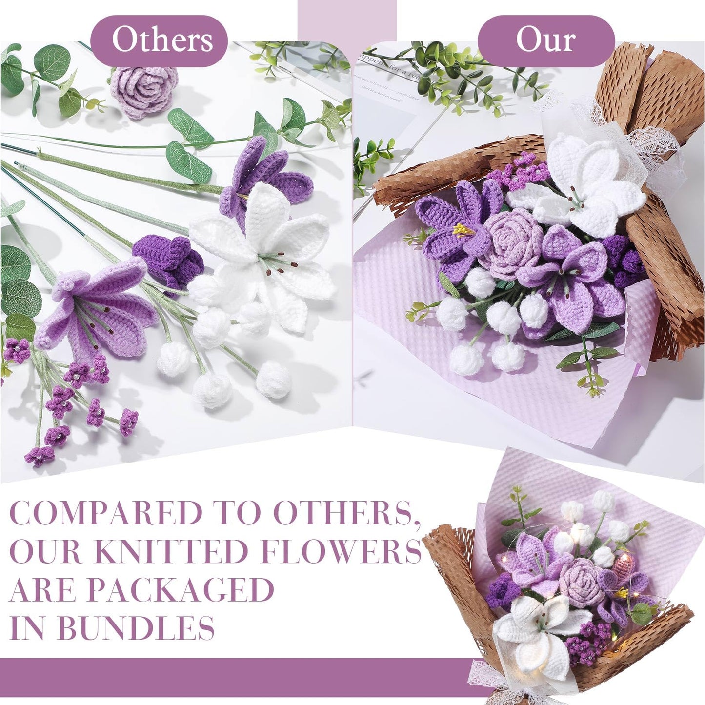 Juinte Graduation Crochet Flower Bouquet Gift Completed Handmade Knitted Bouquet with Lily Tulips Rose for Graduation Birthday Wedding Summer Home Women(Purple)