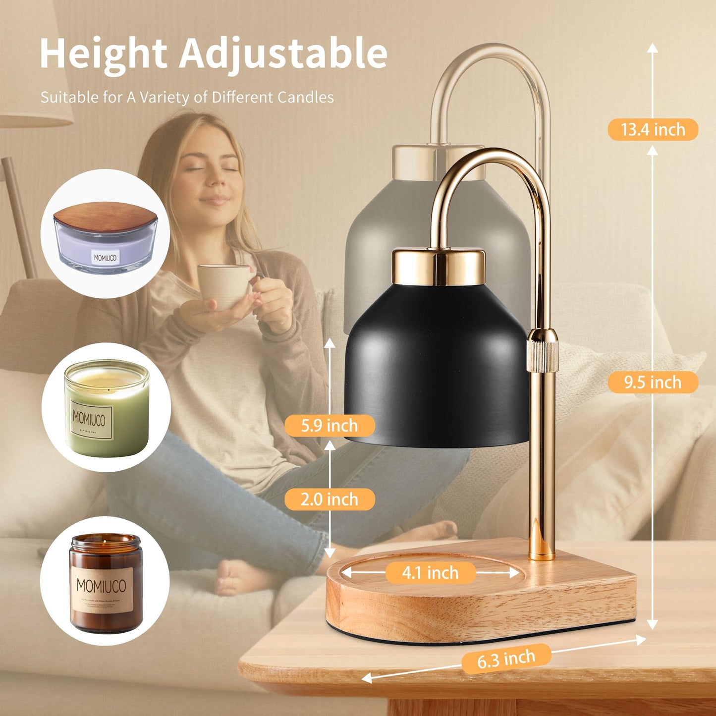 MOMIUCO Candle Warmer Lamp with Timer and Dimmer, Height Adjustable Wax Melt Warmer for Jar Candles, Modern Retro Black Glass Shade with Wood Base, Aesthetic Home Decor, Birthday Gifts for Women Mom