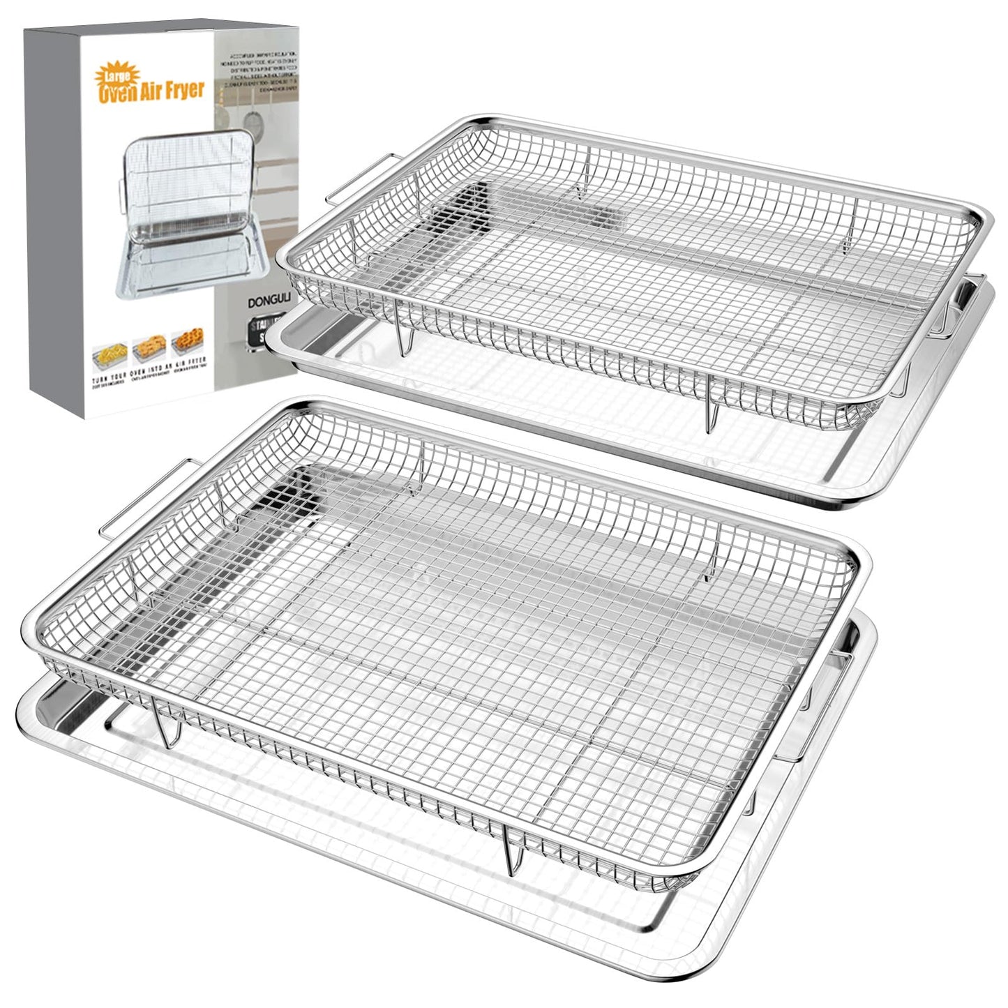 DONGULI Air Fryer Basket Oven - 2 Set Large Air Fryer Basket and Tray Stainless Steel Oven Air Fryer Rack Pan Accessories for Baking 15.4"x11.2"