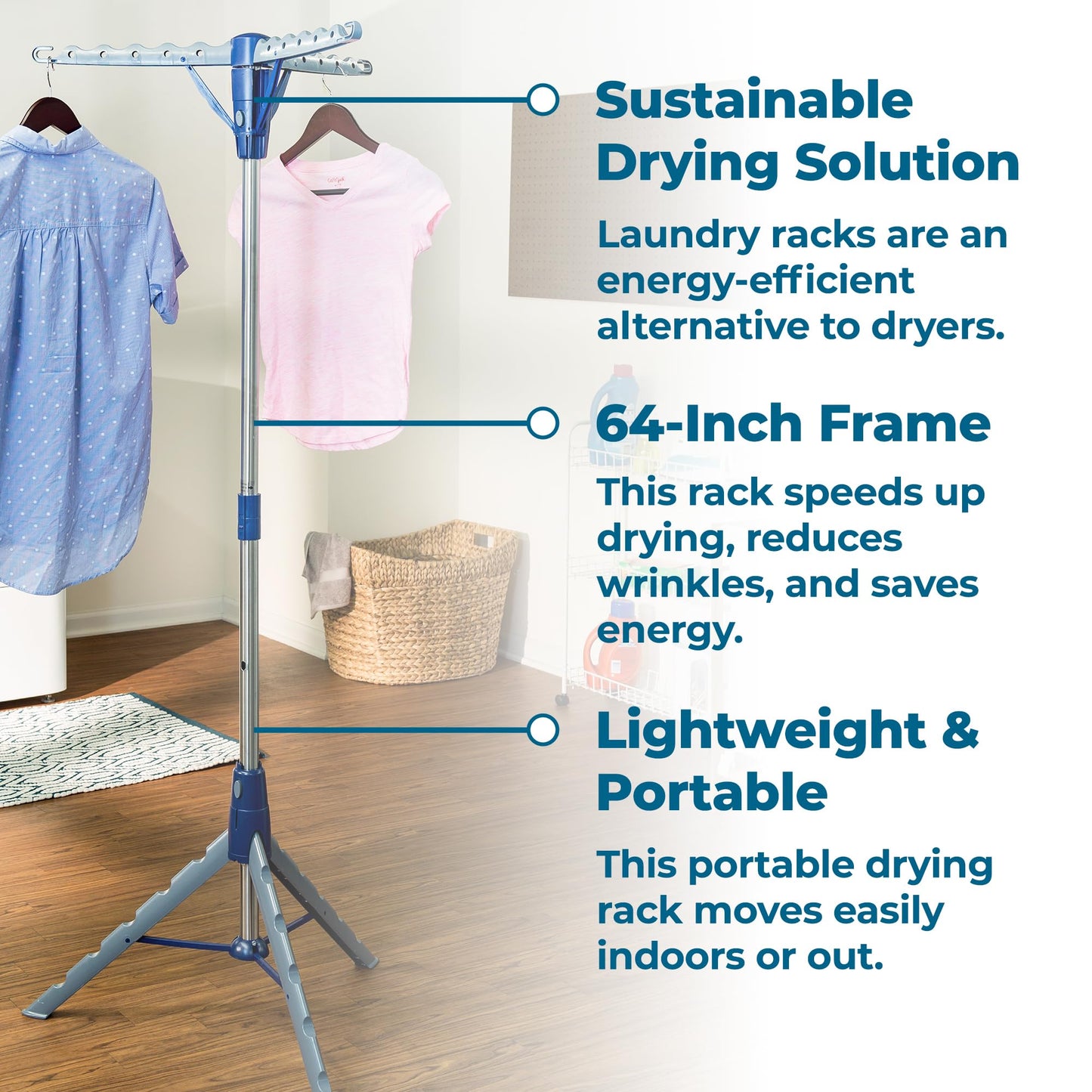 Honey-Can-Do 64-Inch Steel Tripod Clothes Drying Rack, Foldable Collapsible Laundry Stand with 3 Rotatable Arms, Holds 30 Hangers, Space-Saving Indoor Outdoor Air Dry Rack, Blue